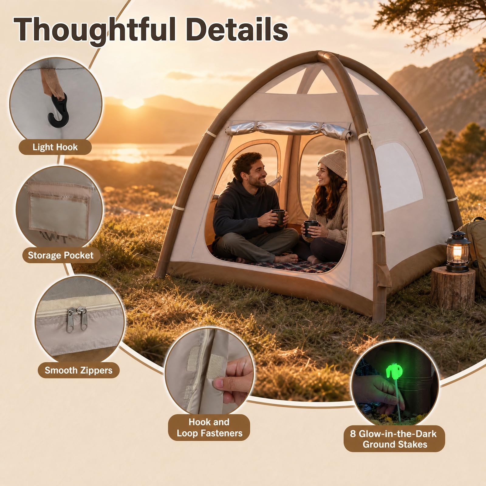 HOMASIS Tenda Gonfiabile da Campeggio 2-4 Posti, 208 x 208 x 196 cm | Tenda Esterna con Pompa Manuale, Copertura Rimovibile, Lucernari e Finestre Traspiranti, Tendone Impermeabile con Borsa
