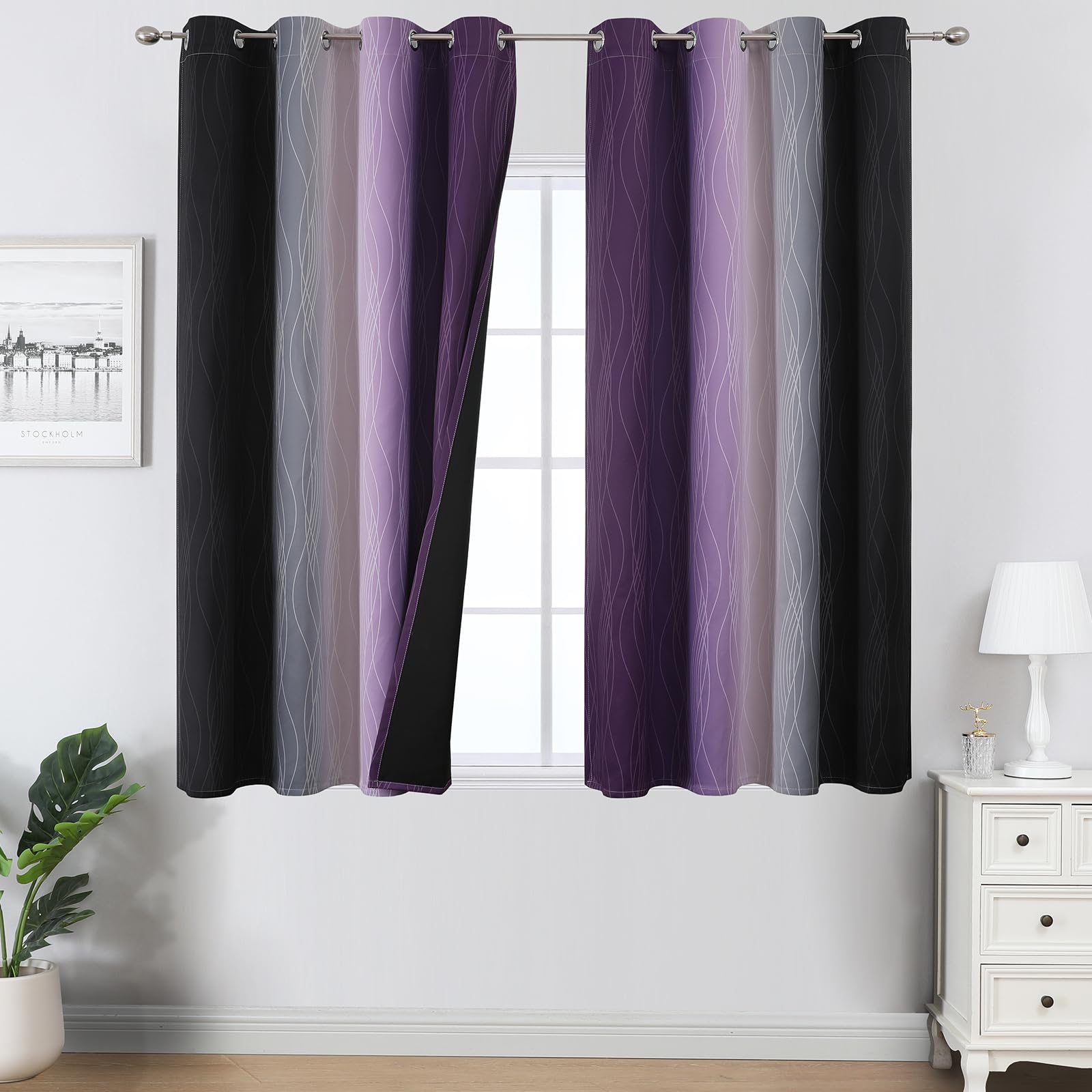 Estelar Textiler Black and Purple Ombre Blackout Curtains 54 Inch Length 2 Panels, Full Room Darkening Gradient Drapes for Window, Thermal Insulated Grommet Short Curtains for Bedroom,52Wx54L