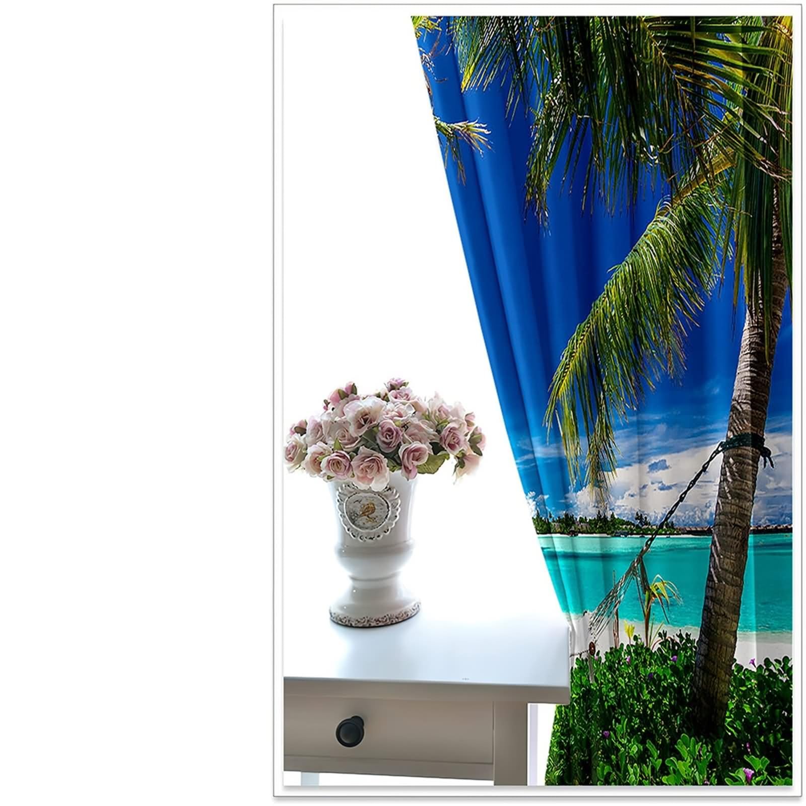 Zasłony okienne, czeska krótka zasłona zielony niebieski krajobraz palm na plaży i morzu poliester 2 panele 192 x 229 cm