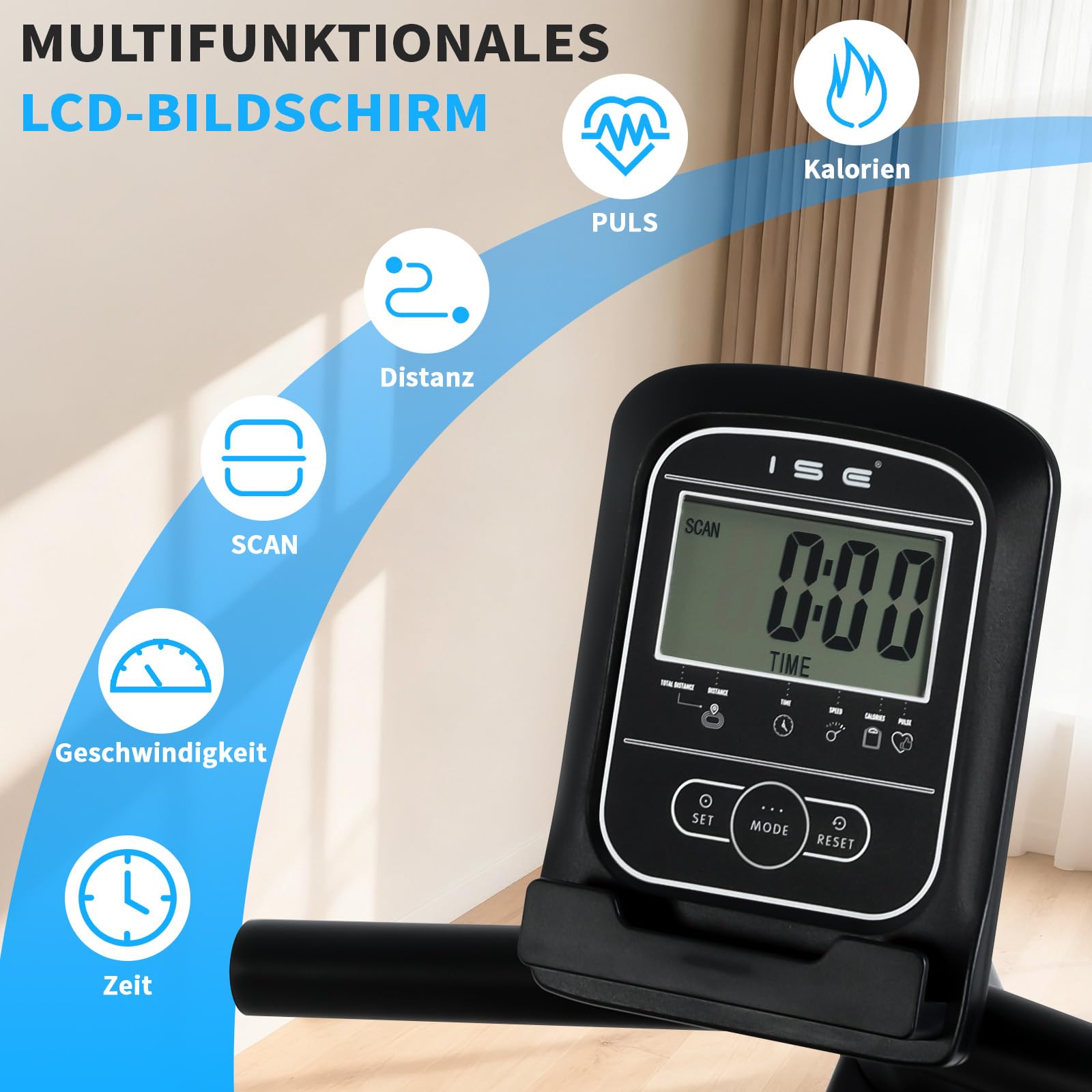 ISE Liegeergometer für Zuhause mit 8 verstellbaren Widerstandsstufen, Heimtrainer Fahrrad mit Pulssensoren und LCD-Display, Liegerad Heimtrainer mit verstellbarer Rückenlehne