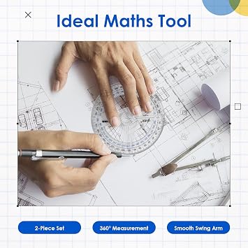2 Pack 360 Protractor Set, Full Circle Protractor with Arm | Transparent plastic protractors with swing arm for geometry, drafting and classroom use, supplied in assorted colours