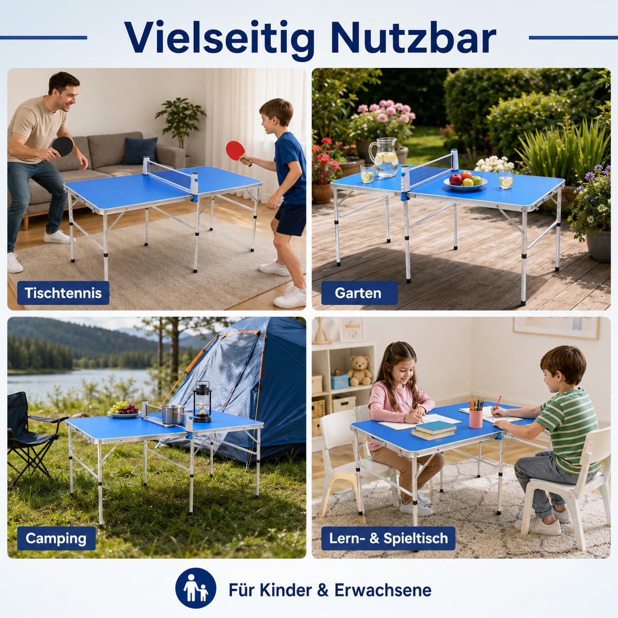 Set di mini tavolo da ping pong, pieghevole, per interni, con rete, 2 racchette e 3 palline, durevole e stabile, gioco per interni ed esterni, per casa e in viaggio (152 x 76 x 76 cm), blu