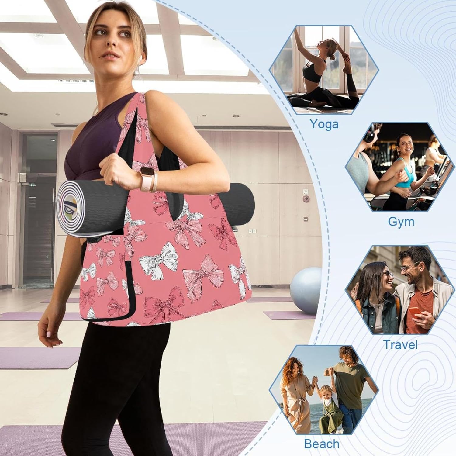Yoga Mat Bag, Gym Workout Bag with Shoe Compartment, Cherries Bows Pilates Bag for Women, Quick Access Storage Yoga Tote Bag for Sports Travel Office