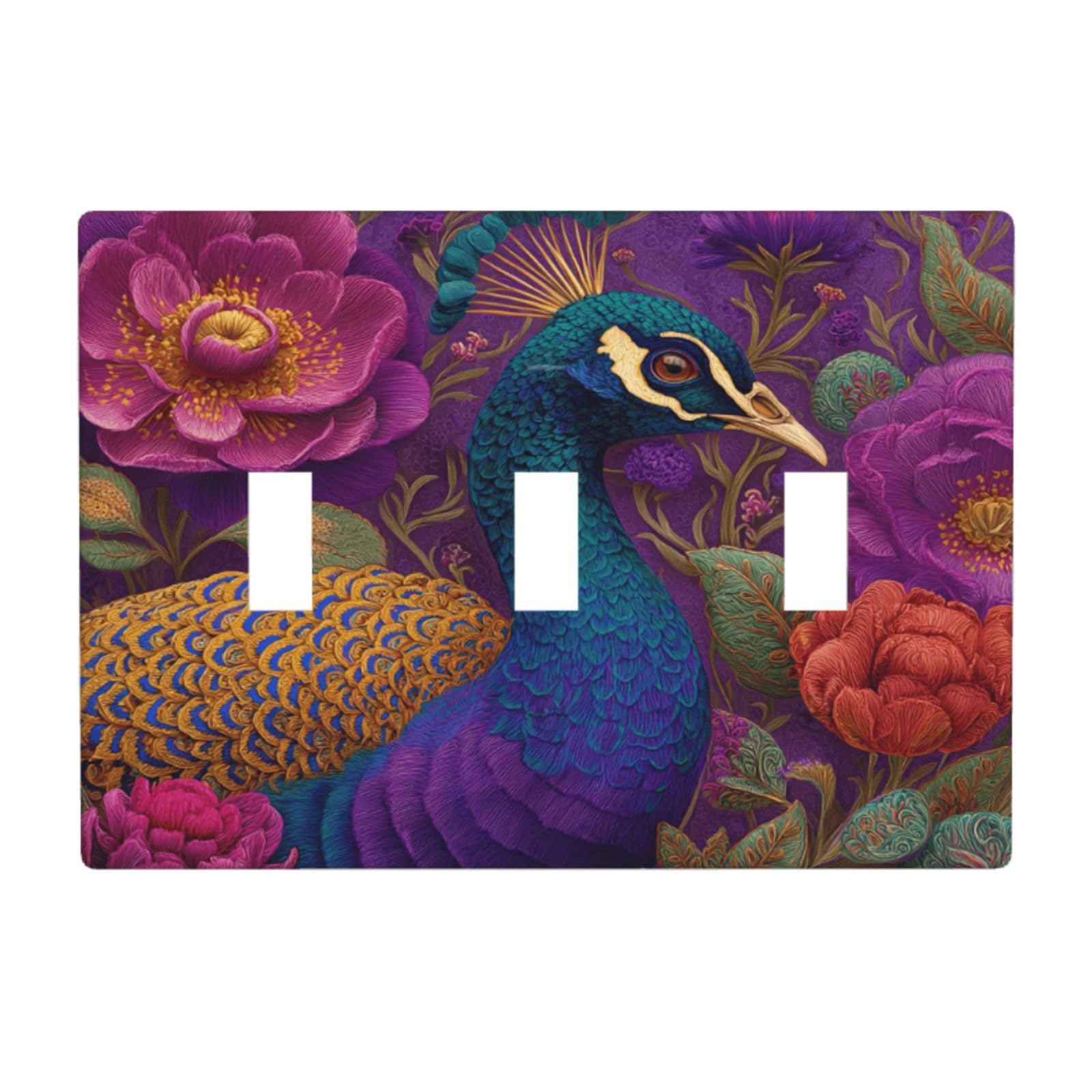 Vibrant Color Peacock and Flowers Light Switch Covers 3 Gang Triple Toggle Wall Plate Switchplate Electrical Faceplate for Bathroom Kitchen Bedroom Decor