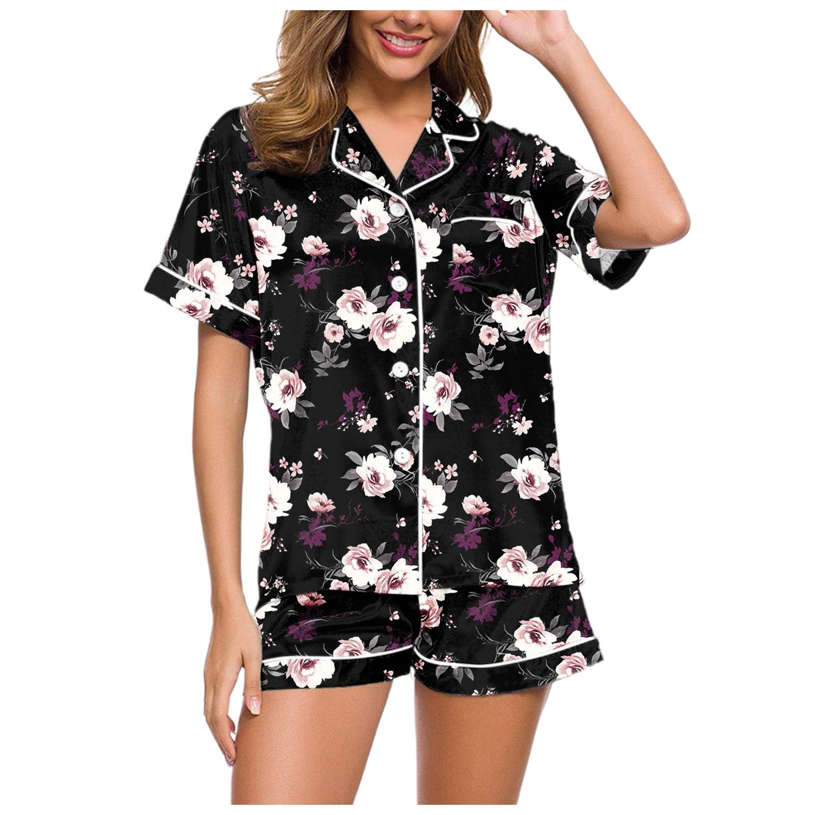 Generisch Conjuntos de pijama de satén de seda para mujer, manga corta, ropa de dormir con botones, parte superior y pantalones cortos (negro, L)