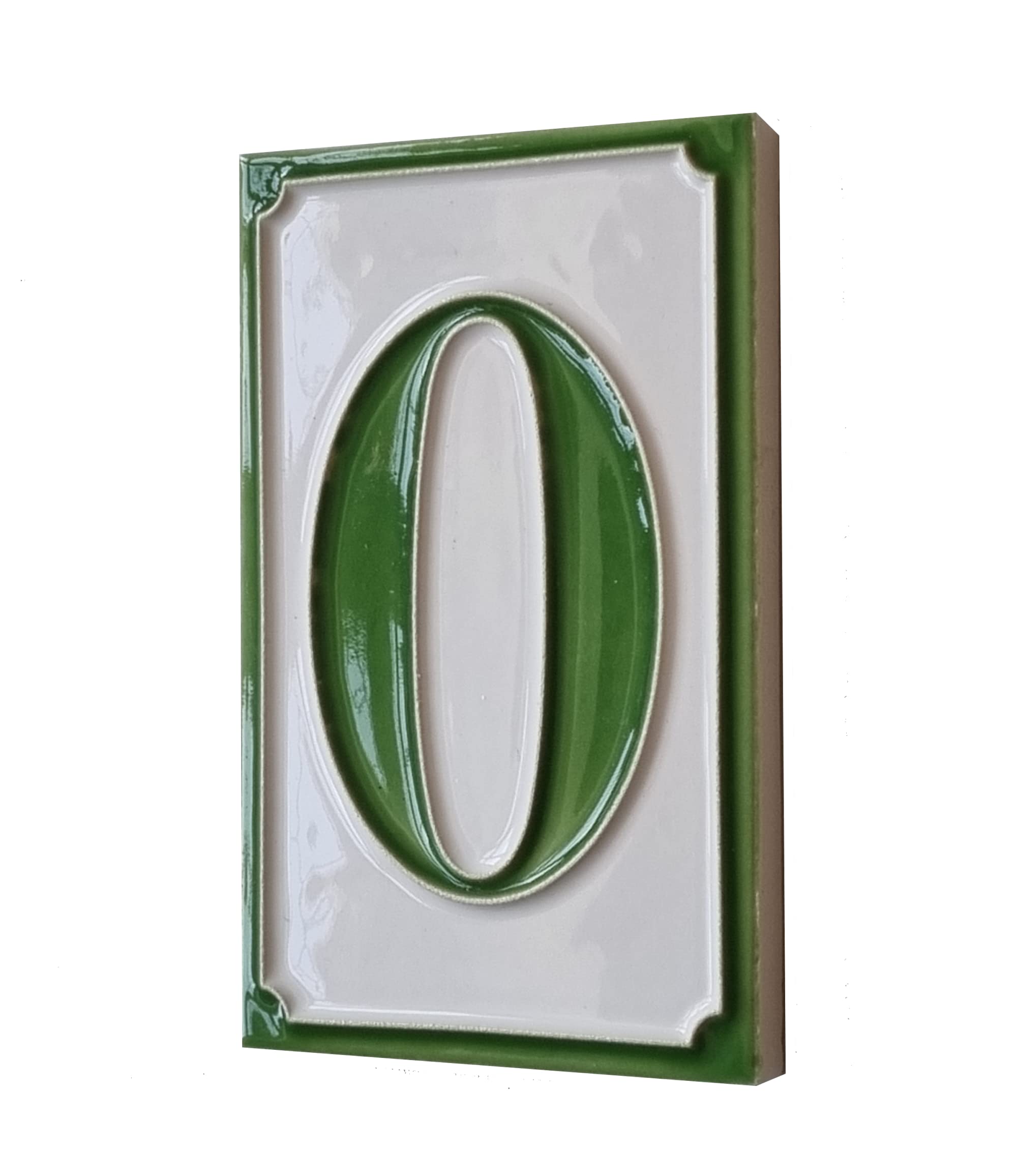 House Numbers Hand-painted Italian Ceramic Numbers Tiles Simple Green Design, Tile Size: 11cm x 7cm (Green Number 0)