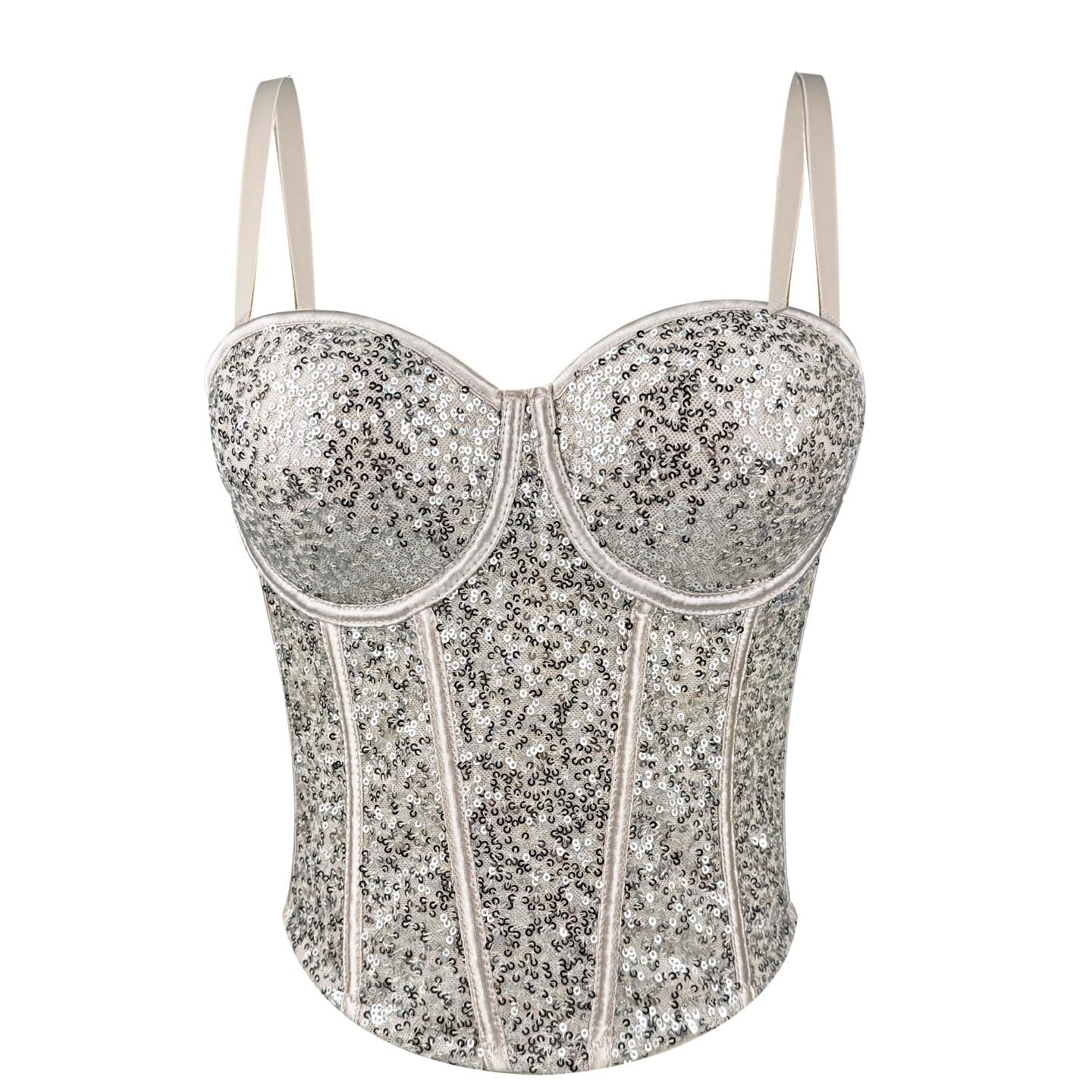 LIUYUYOUGO Sequin Corset Top Women Shiny Glitter Bustier Corset Wedding Party Crop Top Bra Vest Sexy Spaghetti Strap Push Up Corset Top Sparkly Boned Corset Camisole Bodyshaper Apricot S