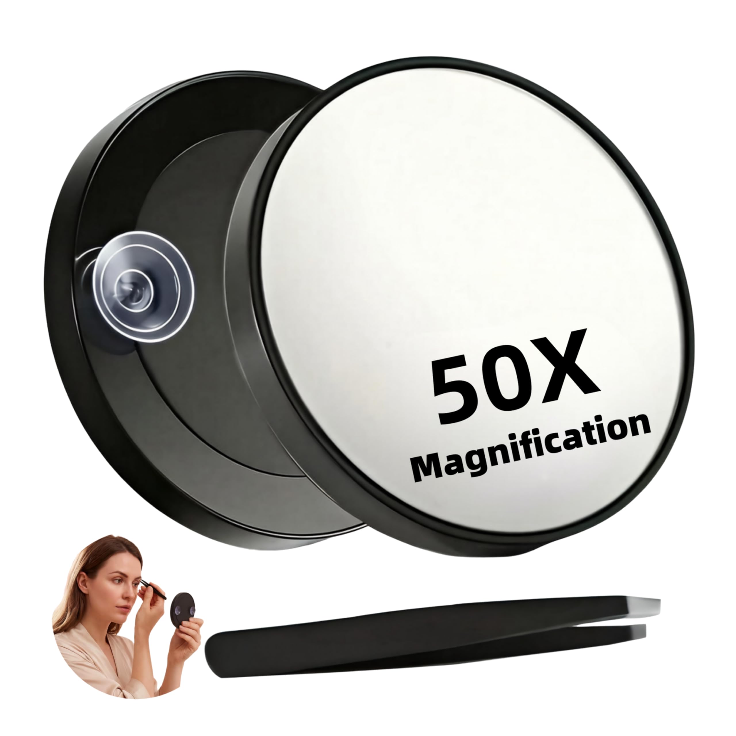Cosiesnest Round 50X Magnifying Mirror with Suction Cup & Tweezer – Portable Travel Mirror for Makeup, Contact Lens, Skincare & Detailed Grooming (Black)