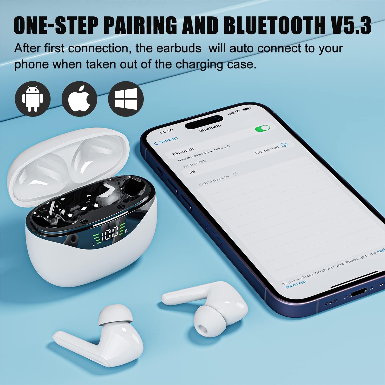 FEANS A6 earbuds with water splashes, illustrating their IPX5 waterproof rating.