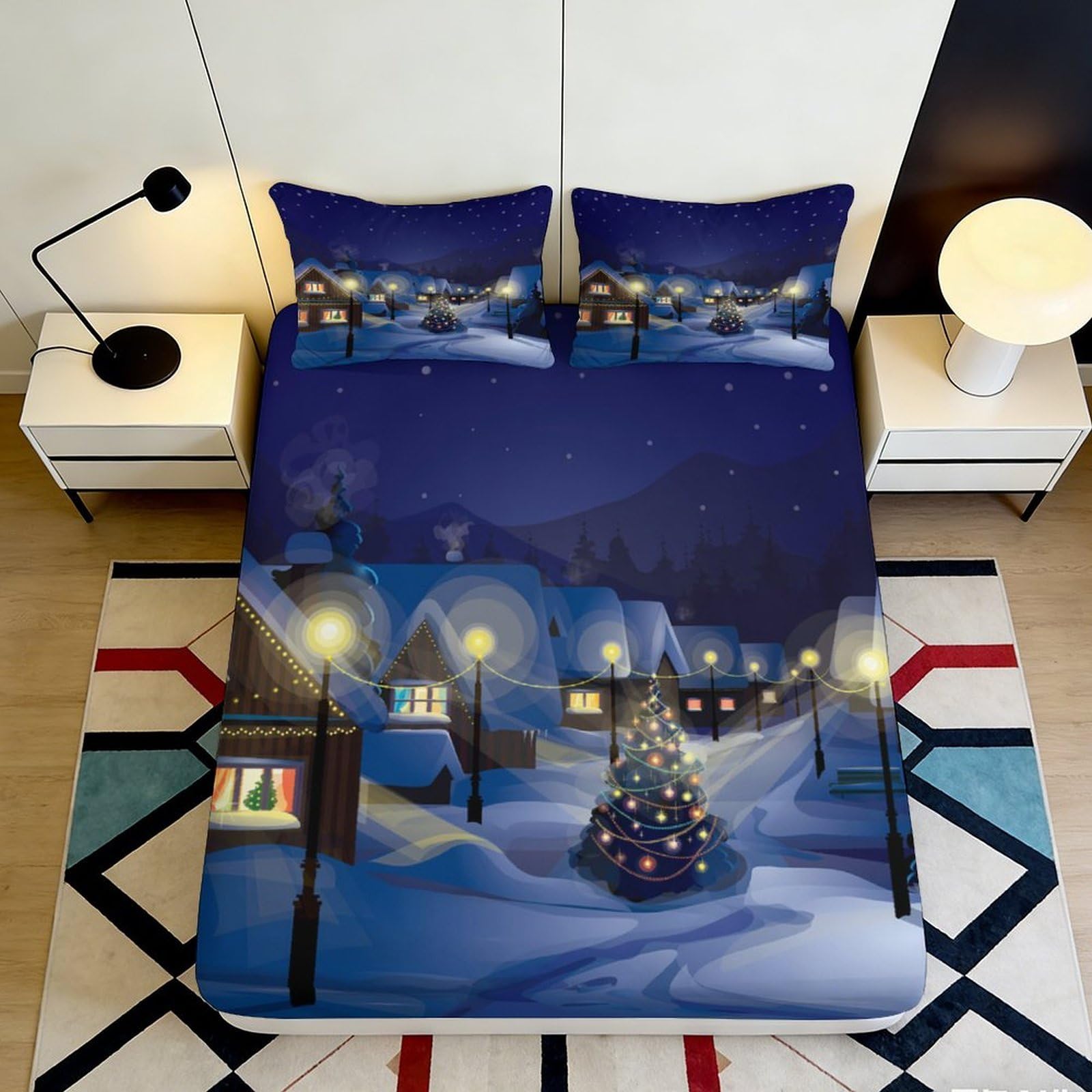 3D Printed Christmas Snow Scene Fitted Sheet Microfiber Deep Pocket Bedroom Bedding Christmas Tree Mattress Fitted Cover Non Slip Full Wrap Washable 120x200x25cm