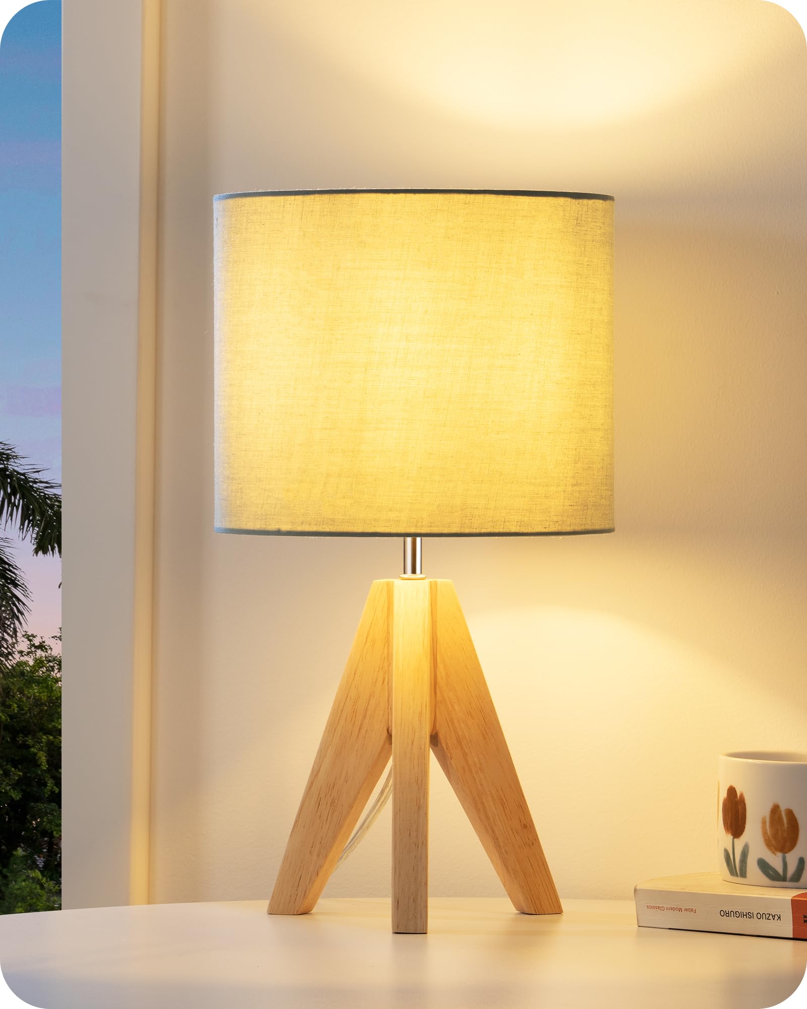EDISHINE 36cm Bedside Lamp, Wood Tripod Table Lamp with Bean Green Linen Lampshade, ON/Off Switch - Image 2