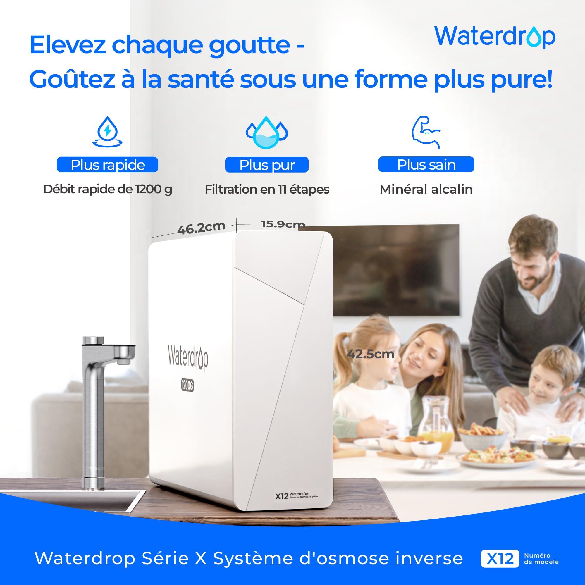 Waterdrop X12 Système d'Osmose Inverse Alcalin avec Minéraux pH+, 1200 GPD