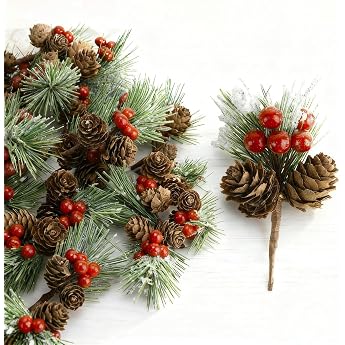 Pack of 20 Christmas Artificial Pine Branches with Pine Cones Decoration Red Berries and Tree Needles Artificial Branches for Table Decoration Christmas Wreaths and Arrangements