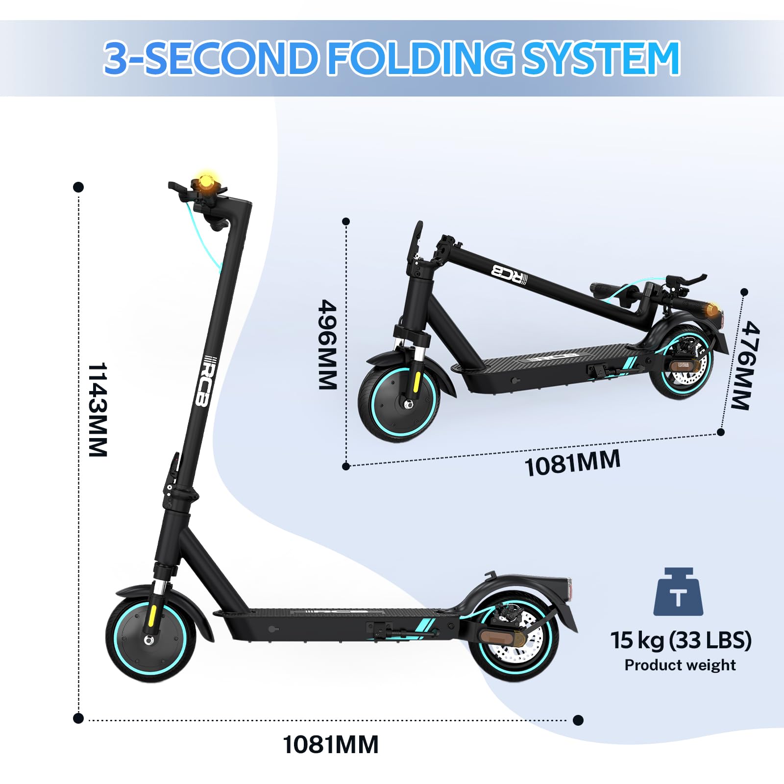 Diagram showing folded and unfolded dimensions of RCB R17 Electric Scooter