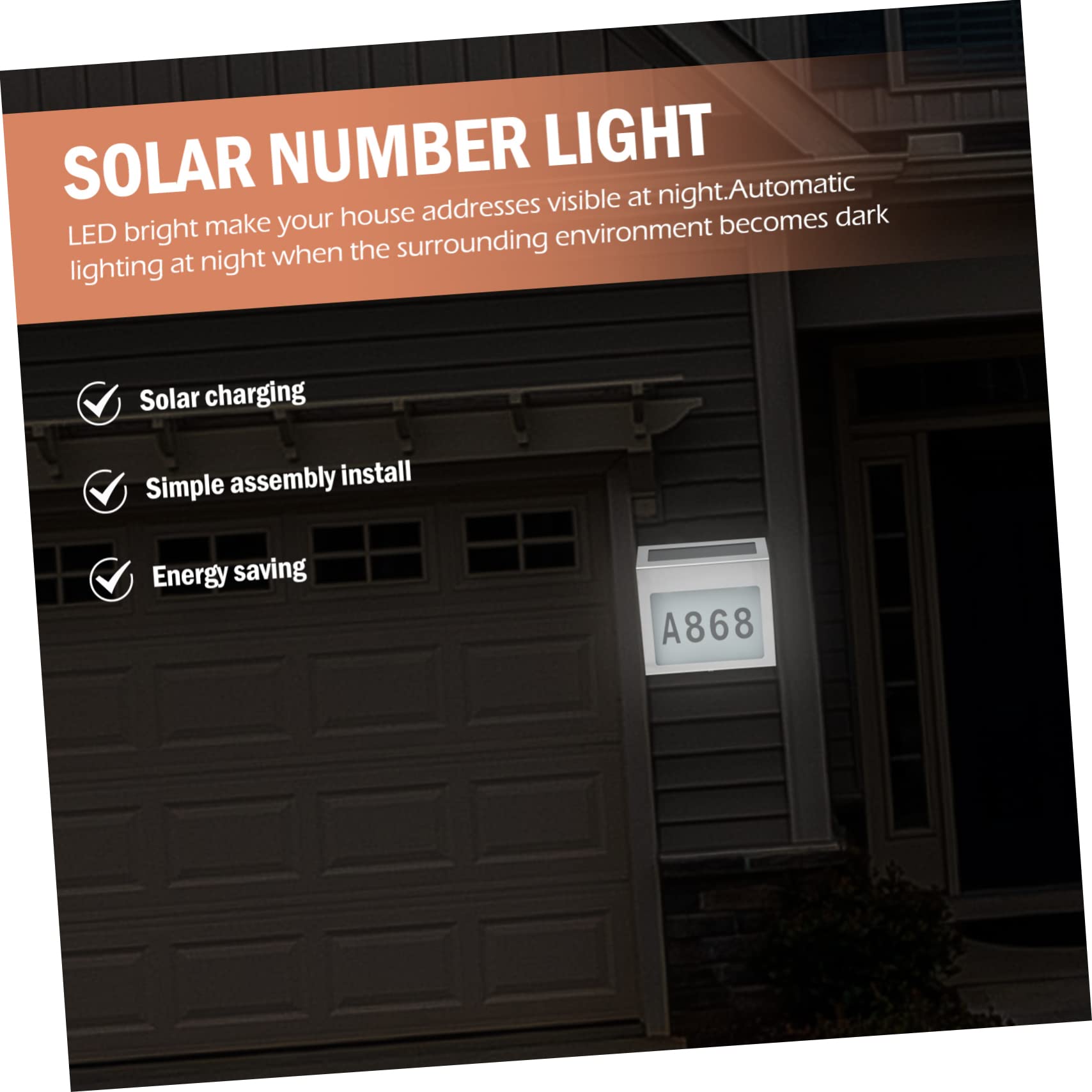 Lampada Solare per Numero Civico da Parete LED Bianca 1200mah | Acciaio Inossidabile e Acrilico, per Esterni, Visualizza L'indirizzo di Casa di Notte