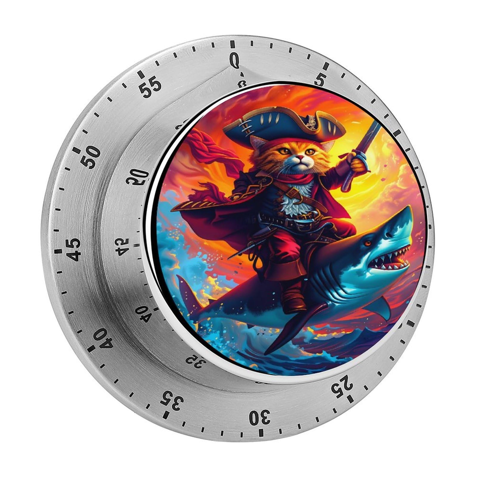 Pirate Cat Shark Sunset Ocean 60 Minute Wind Up Timer,Visual Mechanical Magnetic Timer with Loud Alarm for Kitchen