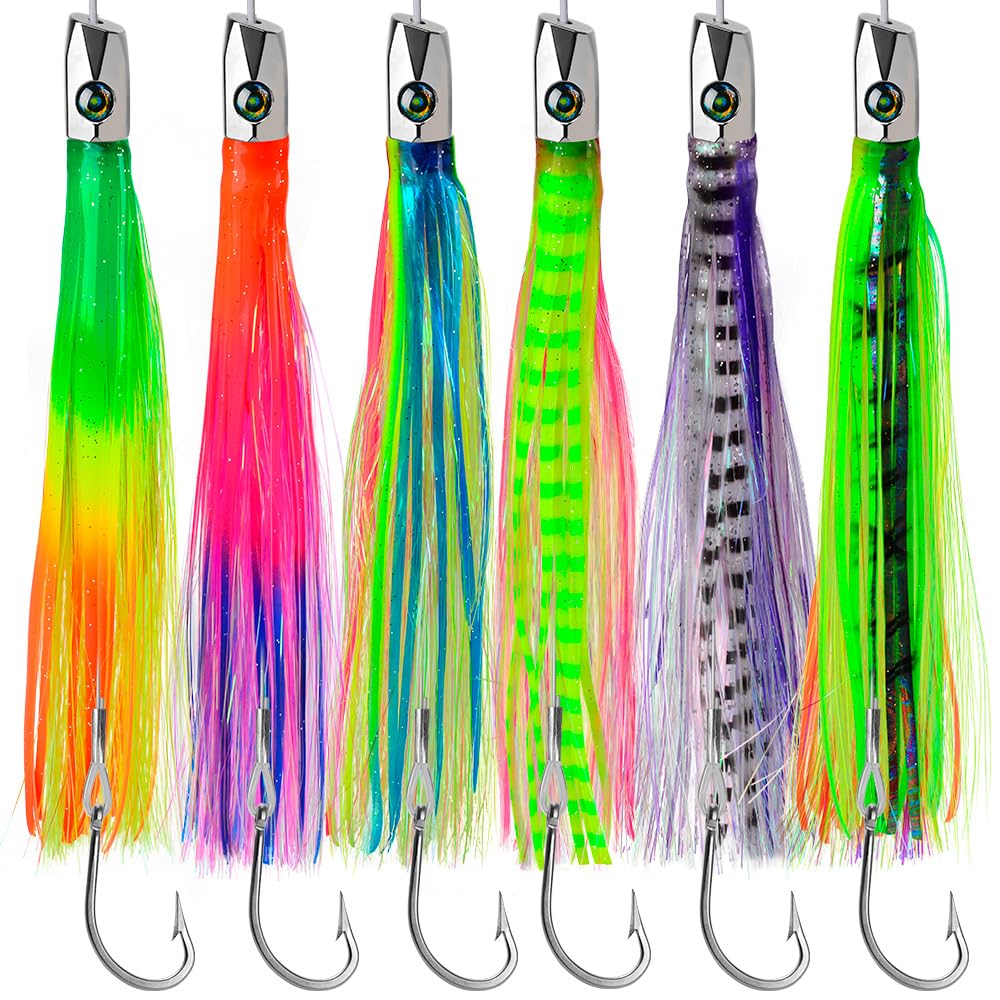 Angelköder für Tiefseefischen, Salzwasser, für Marlin, Thunfisch, Wahoo, Mahi, Delphin, 15,2–22,9 cm, 6-teiliges Köder-Set mit Netztasche