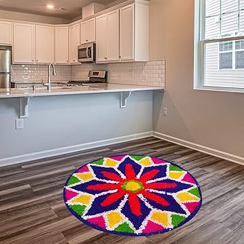 StromX Decorative Anti-Slip Cotton Rangoli Shaggy Door Mat | Floor Mat for Your Bathroom, Kitchen, Home, Door Entrance & Living Room (24x24 Inches, Multi)