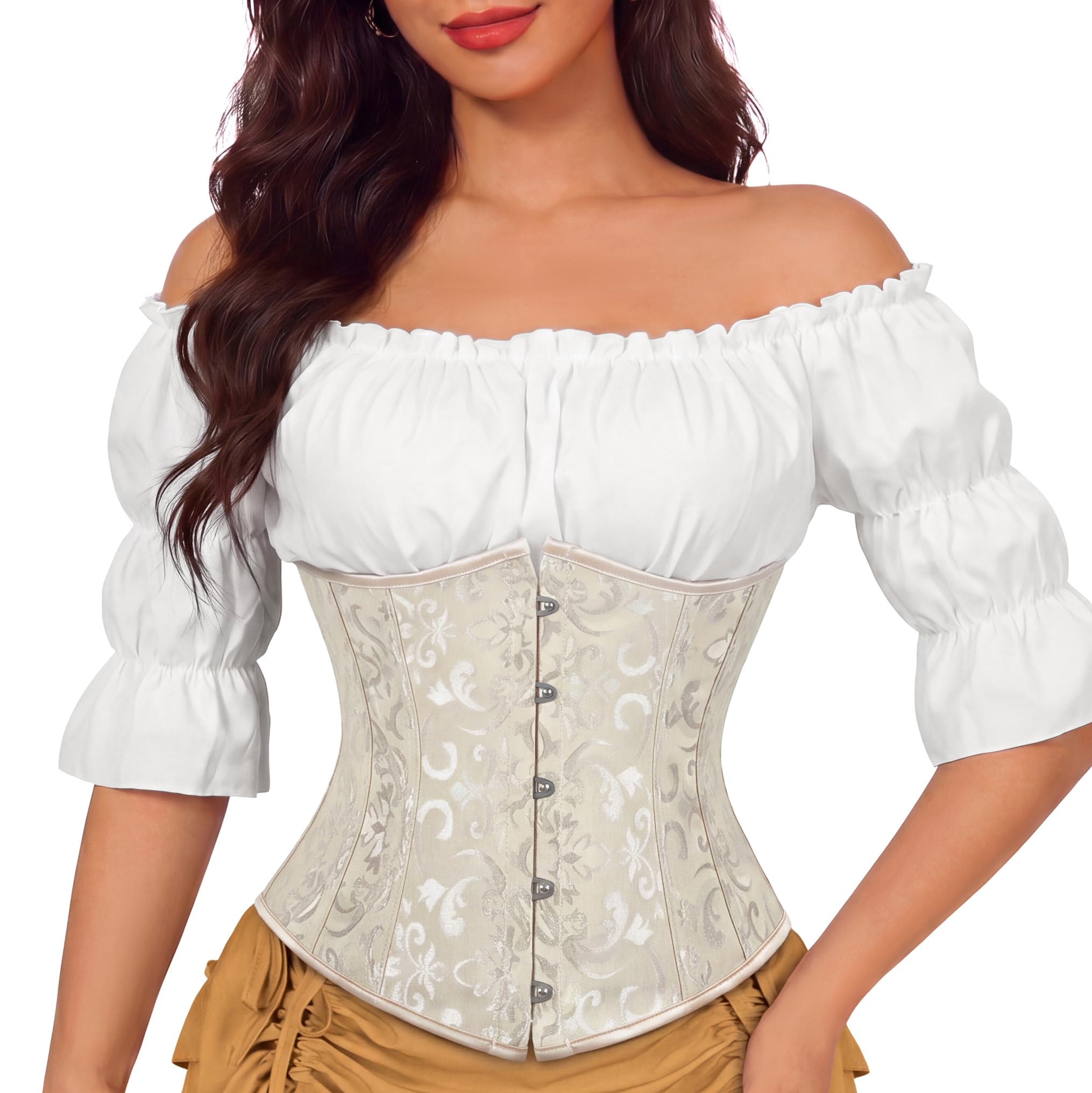 Zhitunemi Renaissance Underbust Corset Top for Women Lace-Up Pirate Costume | 100% polyester with plastic boning,front hooks,lace-up back and modesty panel,XXS-7XL for Ren Faire and Halloween styling