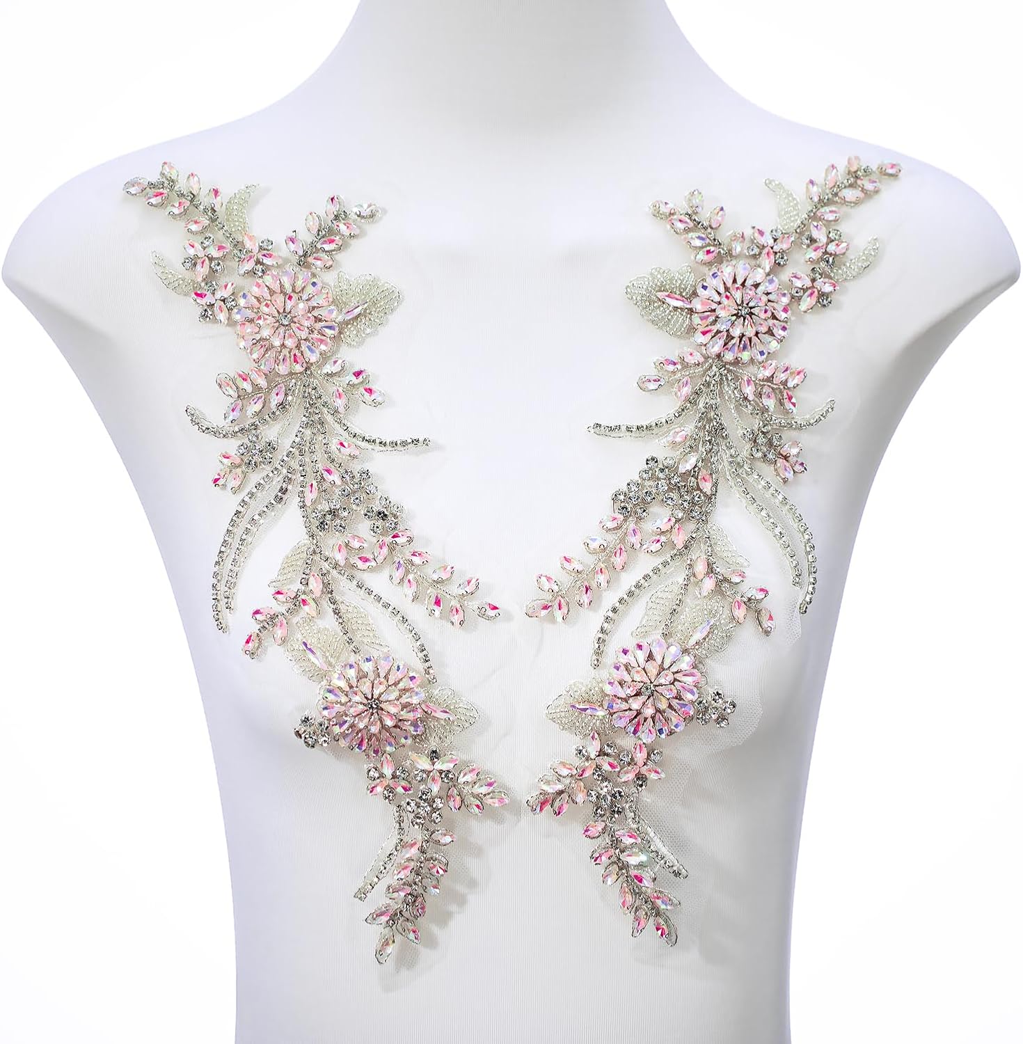 Pair Handmade Shining Crystals Rhinestones DIY Clothing Applique Patches, Sewing Beads Sequins Stone Trim Accessories for Wedding Dress Decoration(AB color-1-Large)