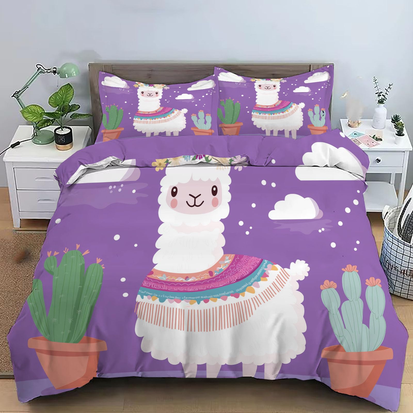 Parure de lit 140x200cm microfibre housse de couette violette dessin animé animaux bohème adulte