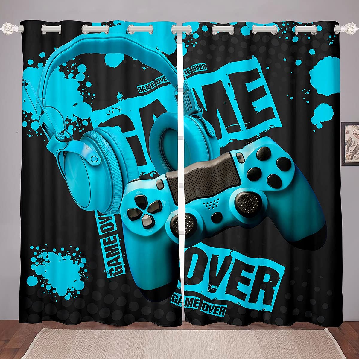 Rideaux manette de jeu bleu sarcelle pour ambiance salon gamer