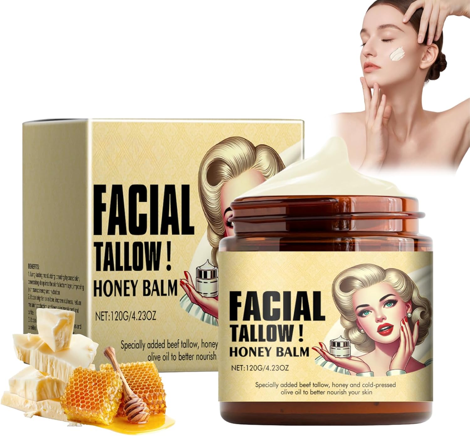 Beef Tallow Facial Cream – 120g Beef Tallow Skin Care – Grass-Fed Tallow Face Cream for Women With Honey – Multi-Purpose Facial and Body Moisturizer – Wrinkle Defense Moisture,Repair Skin