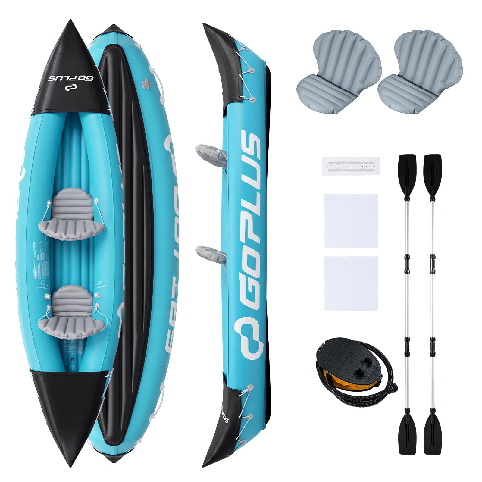GOPLUS Kajak aufblasbar, Schlauchboot für 2 Personen mit 2 Rudern | Aufblasbares Kanu mit Handpumpe, gepolsterten Sitzen & Reparaturset, für Touren, Erkundungen, Angeln, Driften