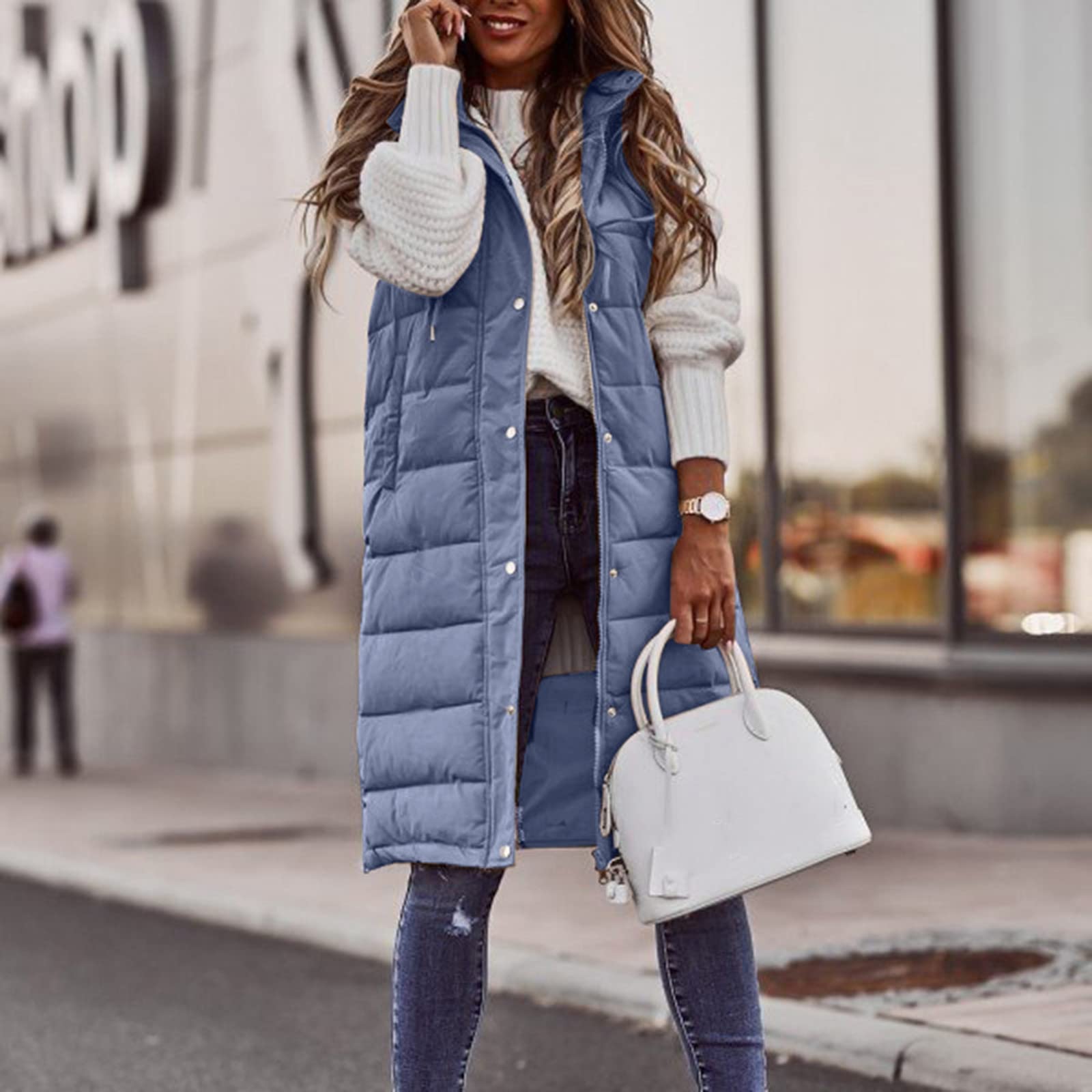 Veste matelassée pour femme - Long manteau d'hiver avec capuche - Sans manches - Manteau chaud et coupe-vent - Avec poches - Veste matelassée - Sport - Veste demi-saison - Tailles S à 5XL