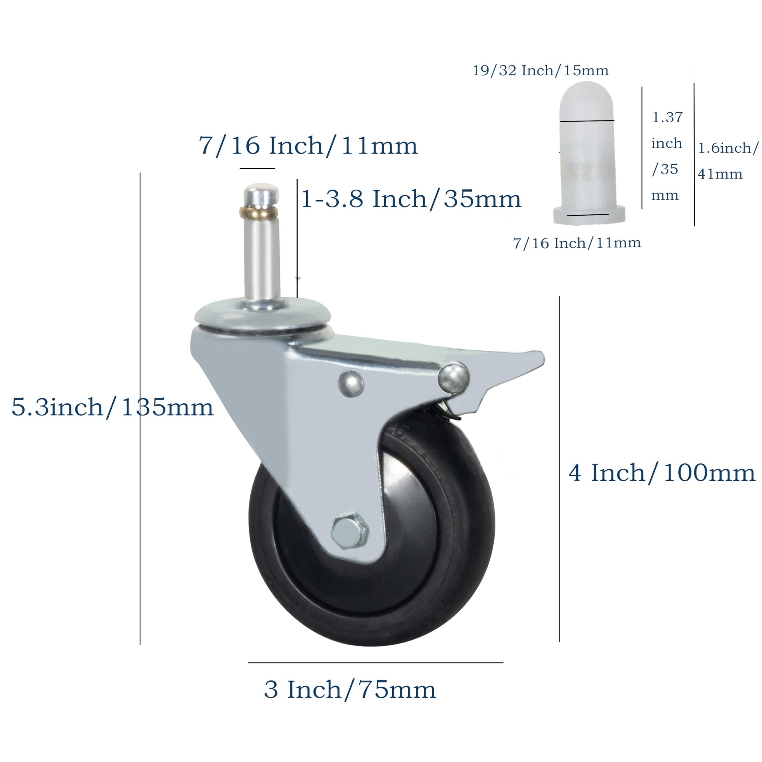 Koła jezdne Stem, 7/16" x 1-3/8" Koła obrotowe z hamulcem Koła TPR o nośności 700 funtów Koła zamienne Zestaw 4 kółek (z hamulcem, 3 cale)