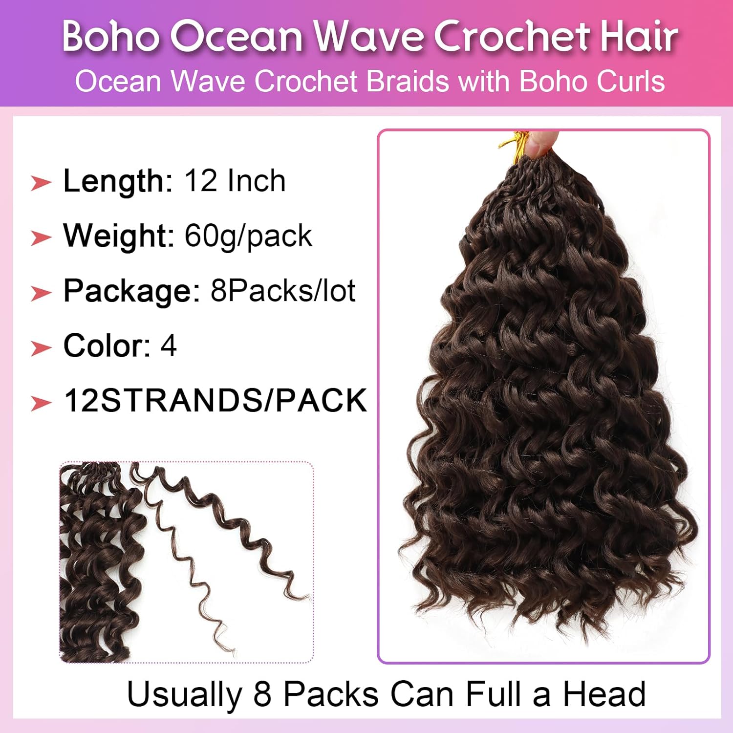 8Packs Curly Crochet Hair Boho Ocean Wave Crochet Hair 12Inch Pre Looped Crochet Hair for Black Women Pre Twisted Bench Curl Crotchet Hair (4#, 12inch)
