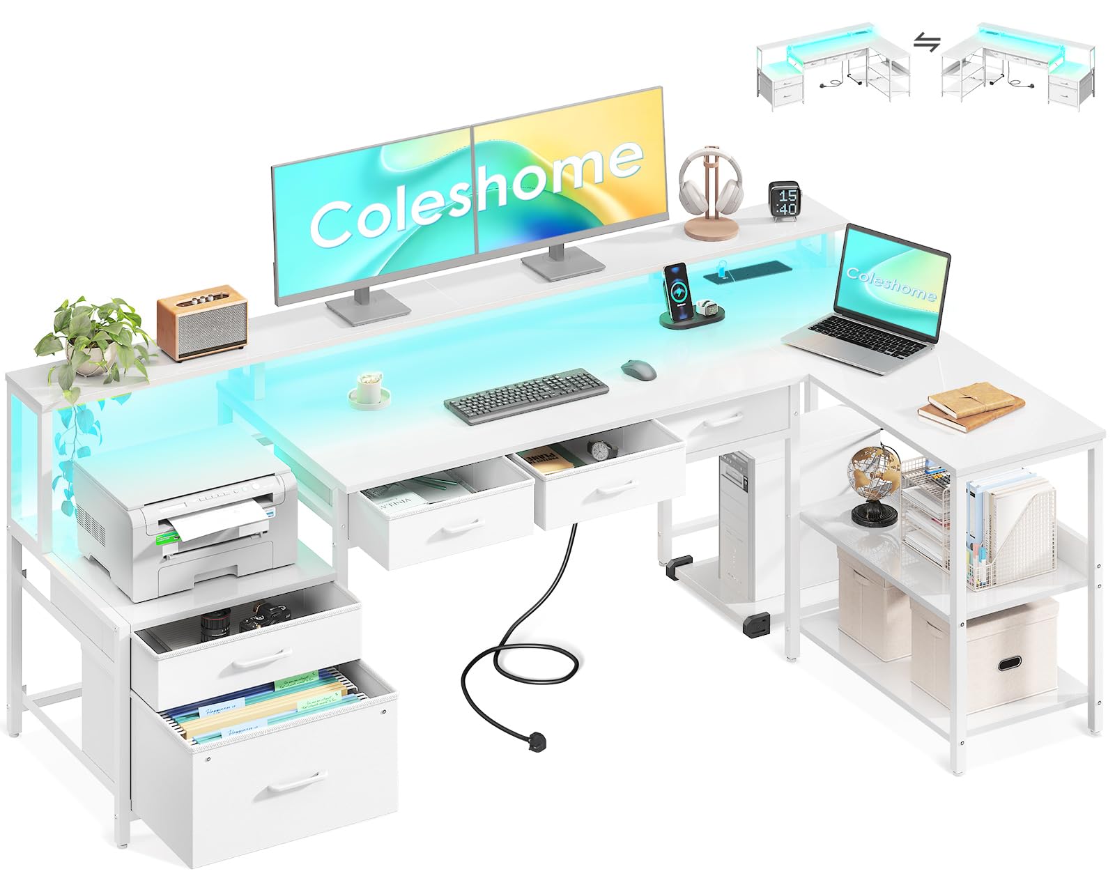 Coleshome コーナーデスク 引き出し付き リバーシブルL型ゲーミングデスク LEDライト&コンセント付き ホームオフィステーブル モニター棚付き 収納付き パソコンテーブル 175x100cm ホワイト