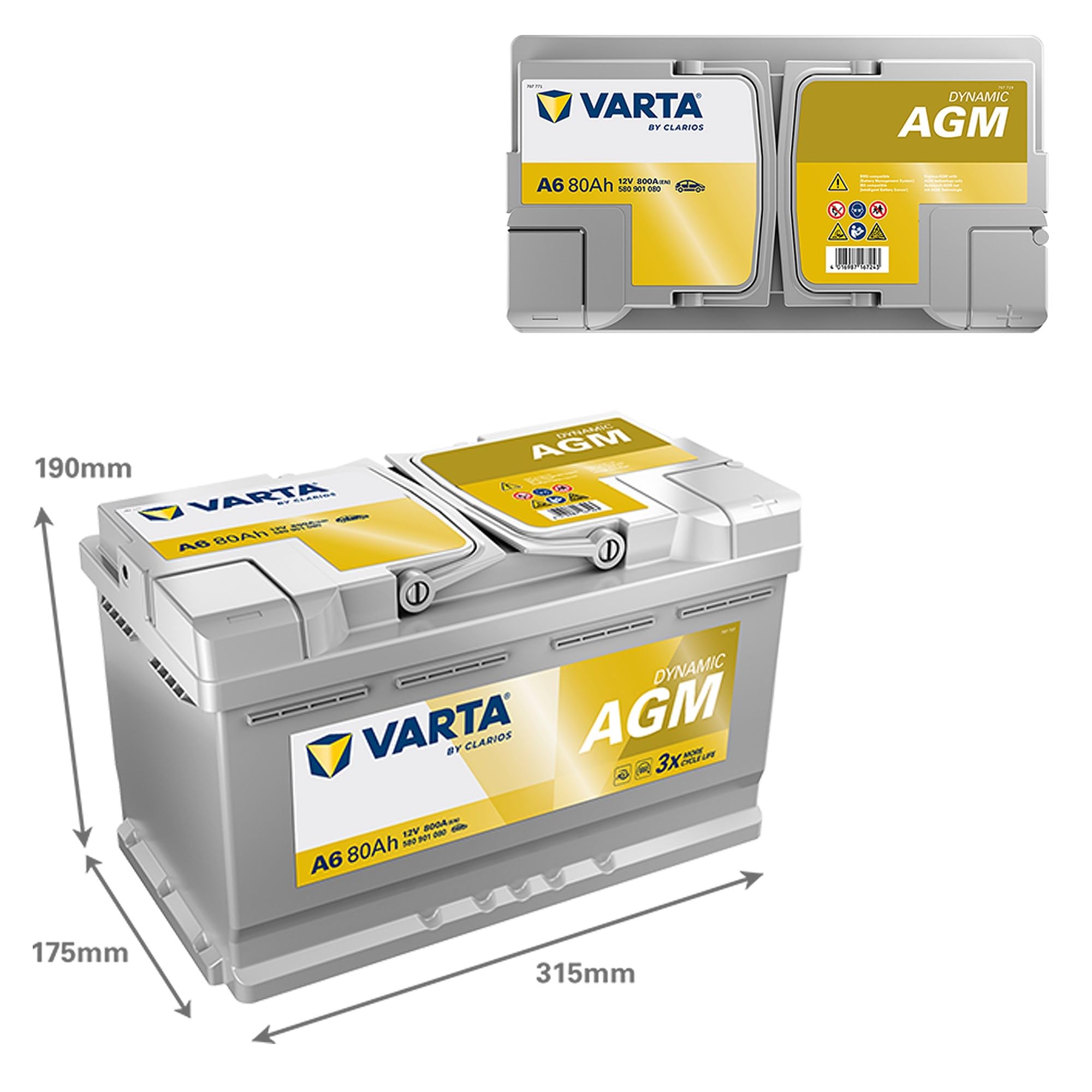 VARTA Automotive DYNAMIC AGM (A6) 12V 80Ah 800A Batteria auto al piombo-acido per start-stop e xEV