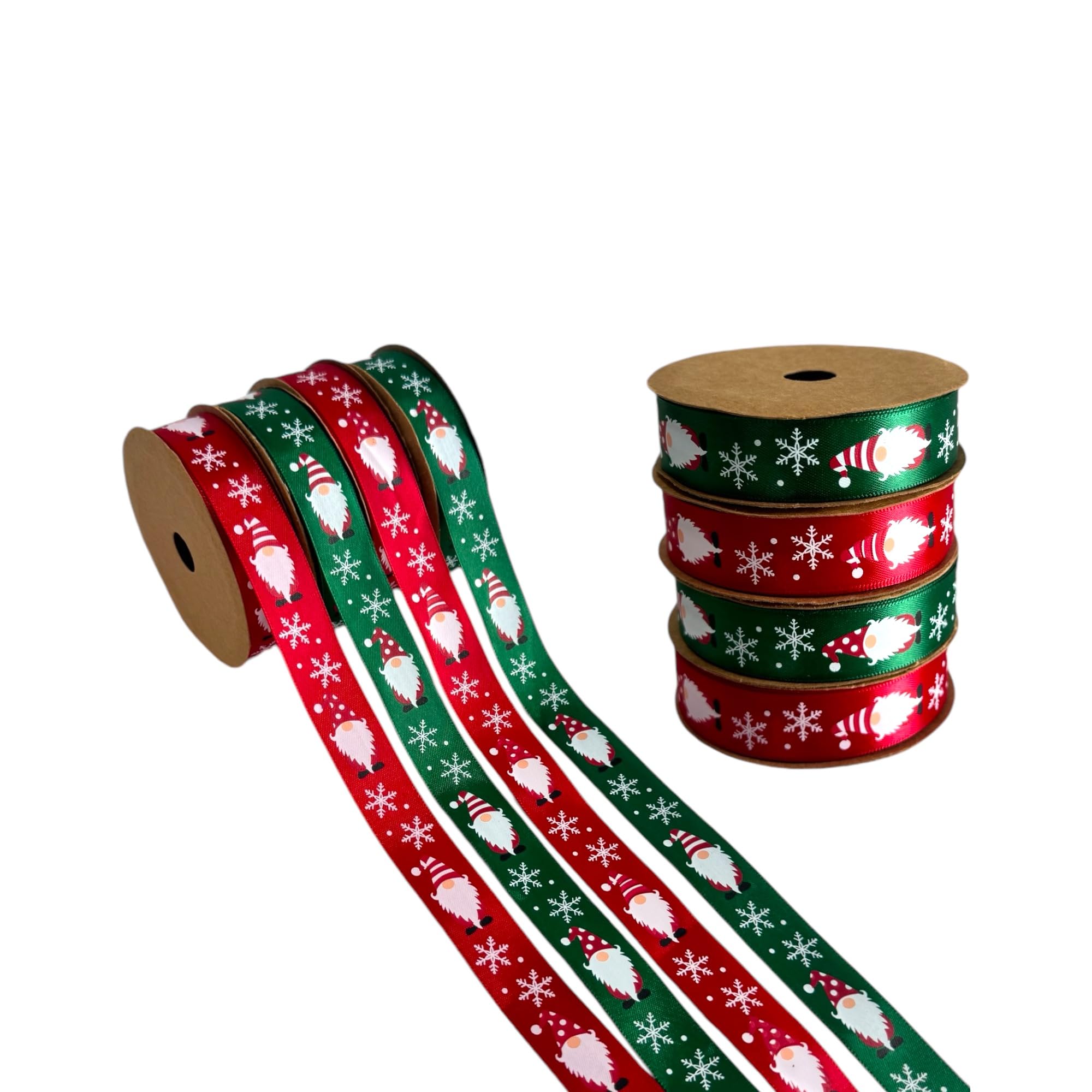Doodle Kiddo 4 Piece Christmas Ribbons – Red & Green Santa Claus & Snowflakes Design – Christmas Gift Wrap Ribbon Set for Gift Wrapping, Tree Decorations, Craft Bows & Wreath Making – 2 cm x 3 Yards
