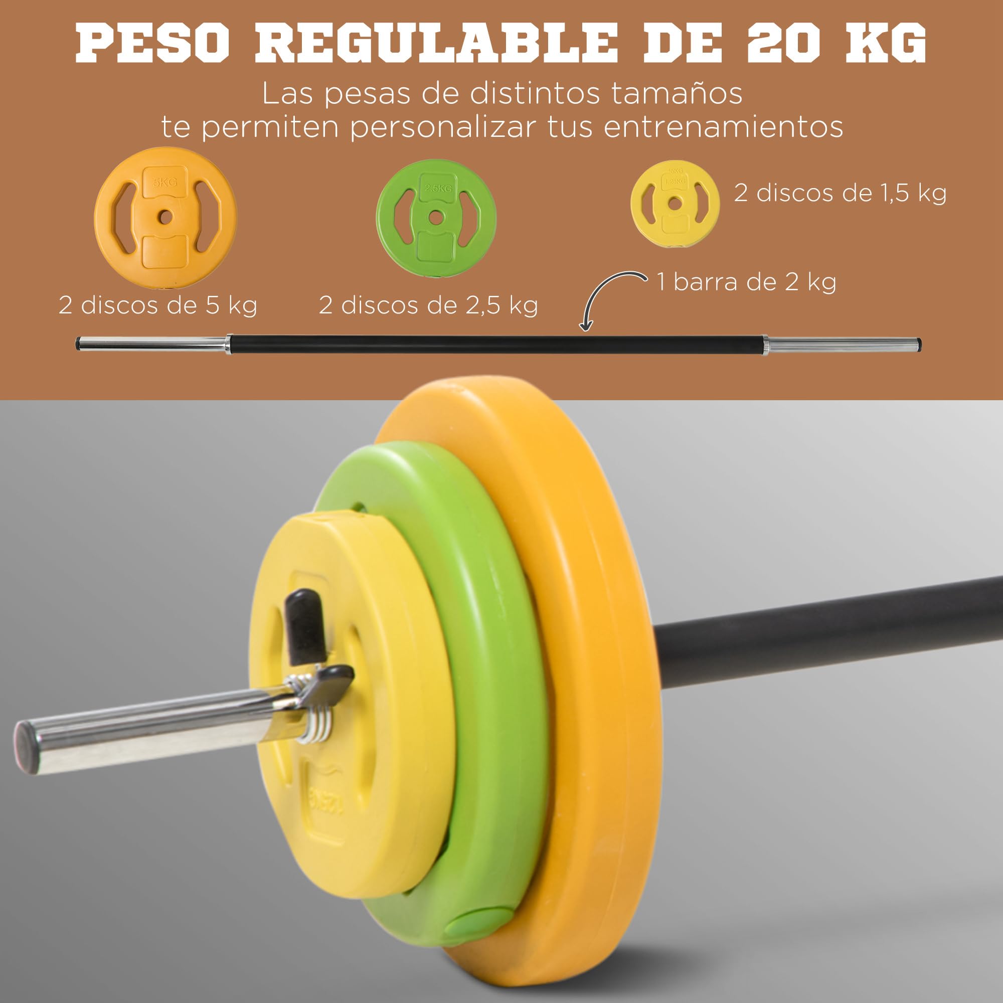 HOMCOM Barra de Pesas 20 kg Pesas Ajustables con 6 Discos de Pesos 1,5kg 2,5kg 5 kg para Entrenamiento Fuerza y Brazos en Gimnasio Doméstico 130x28x28 cm Multicolor