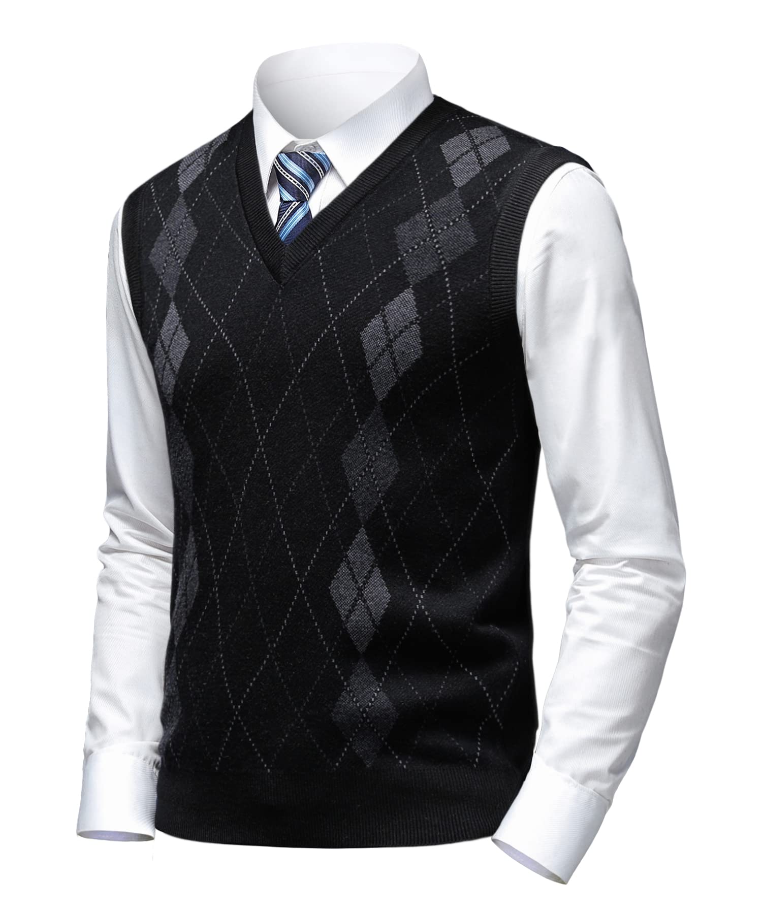 Homme Argyle Gilet en Laine Col en V Classique Cardigan sans Manches Losanges Pull Tricoté Débardeurs pour Automne Hiver