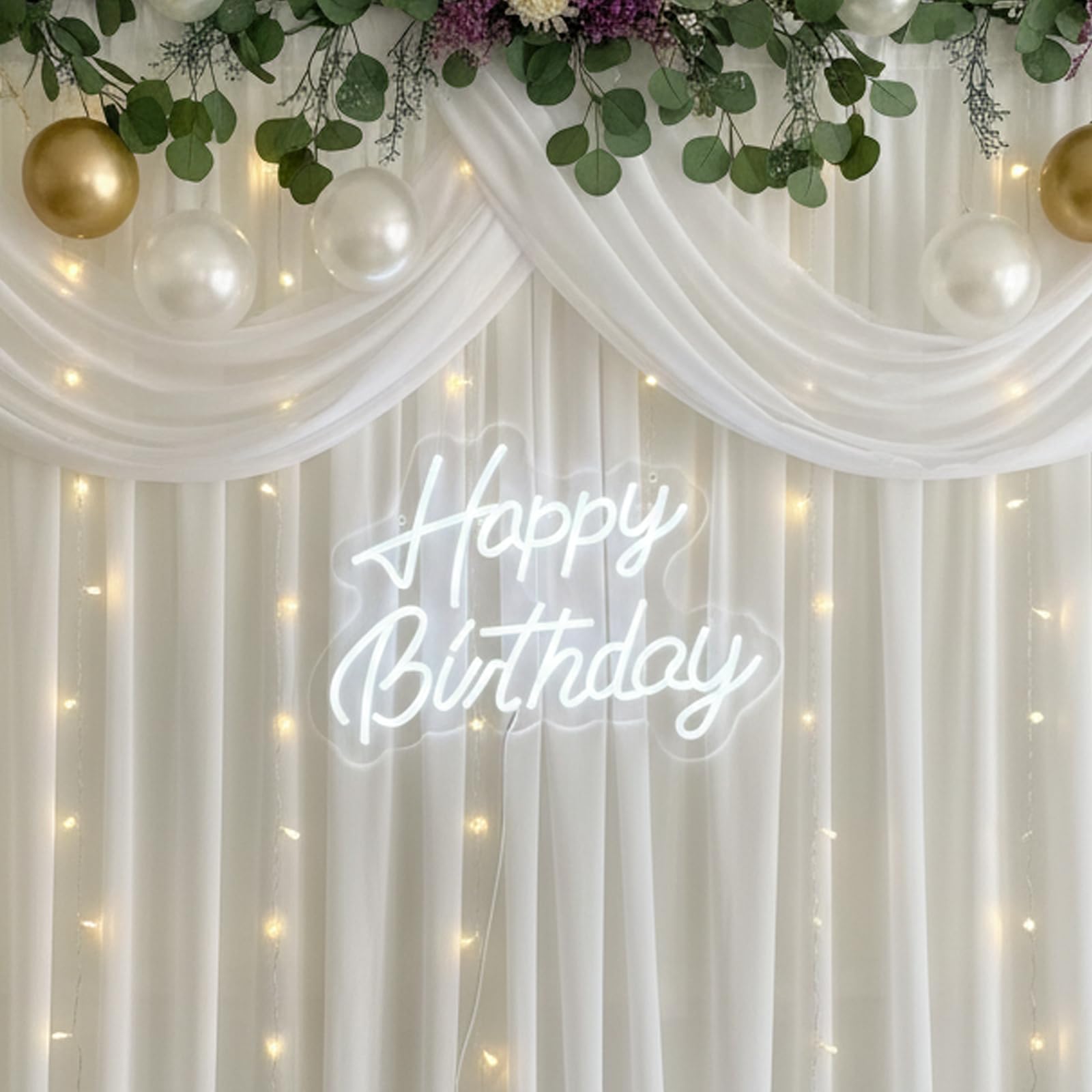 GENDLTHIJ Neon "Happy Birthday" do dekoracji ścian, ciepła biel LED, artystyczna dekoracja, neonowy znak świetlny na każdą imprezę urodzinową (biały)