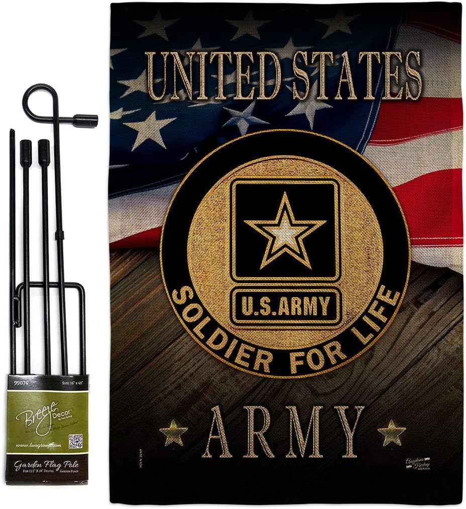 US Army Soldier for Life Burlap Garden Flag Set with Stand Armed Forces Rangers United State American Military Veteran Retire Official Small Gift Yard House Banner Double-Sided Made In USA 13 X 18.5