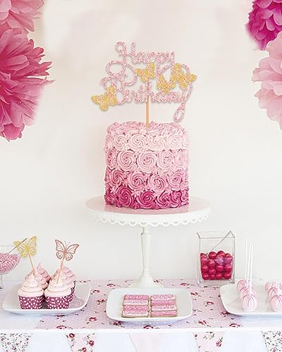 Miniatura 6 de Decoración para tartas, decoración dorada de feliz cumpleaños para fiesta, 7 piezas de decoración de pastel de mariposa para cumpleaños,