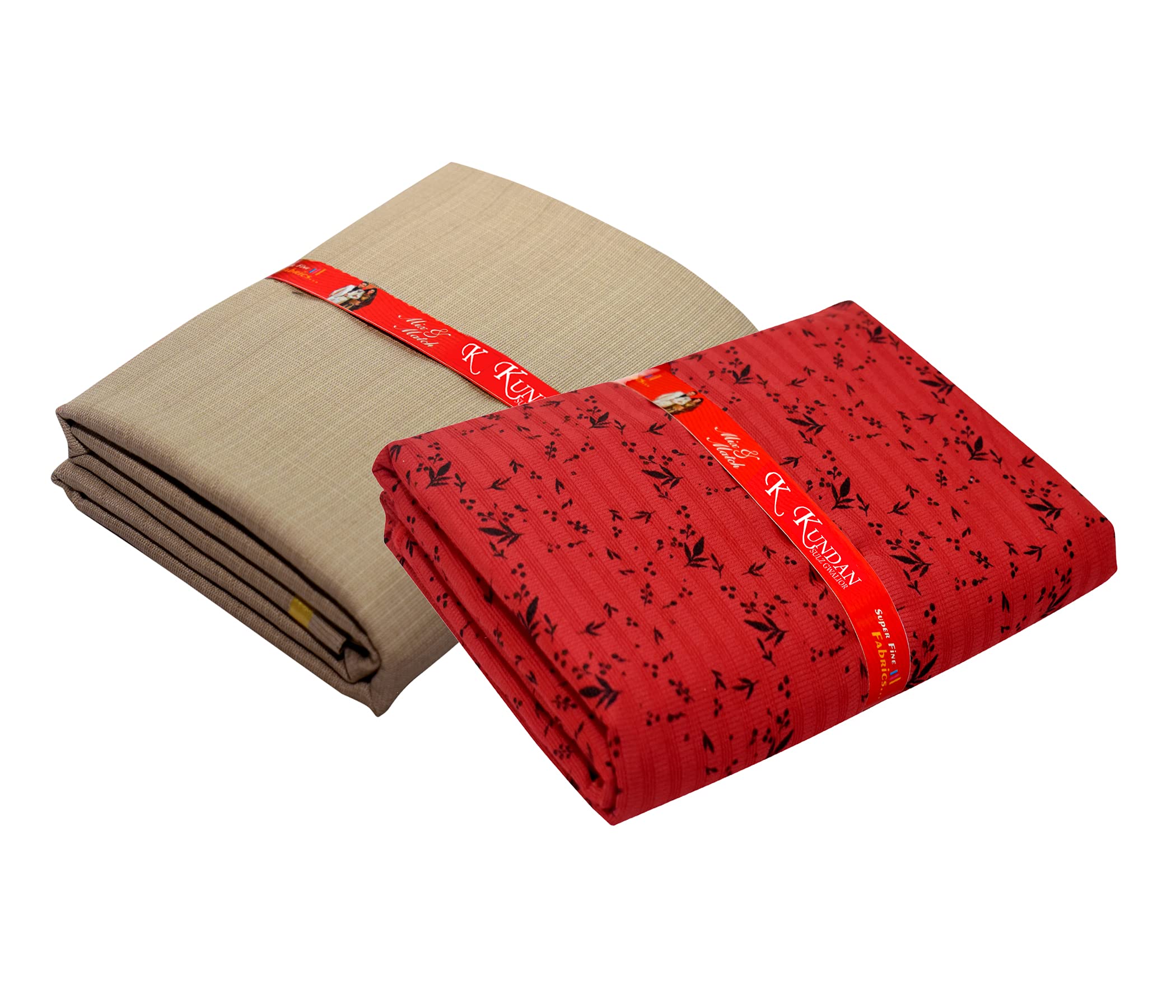 KUNDAN SULZ GWALIOR Men's Cotton Printed Shirt & Trouser Fabric Combo Set (Beige & Maroon-02; 1.20 & 1.60 Meters)