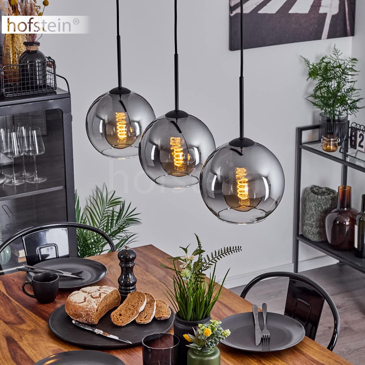 Lampada a sospensione Koyoto, lampada in metallo/vetro in nero/fumo/chiaro, lampada a 3 luci in design vintage/retrò con paralumi in vetro (Ø 20 cm), altezza massima 152,5cm, 3x E27, senza lampadina/e