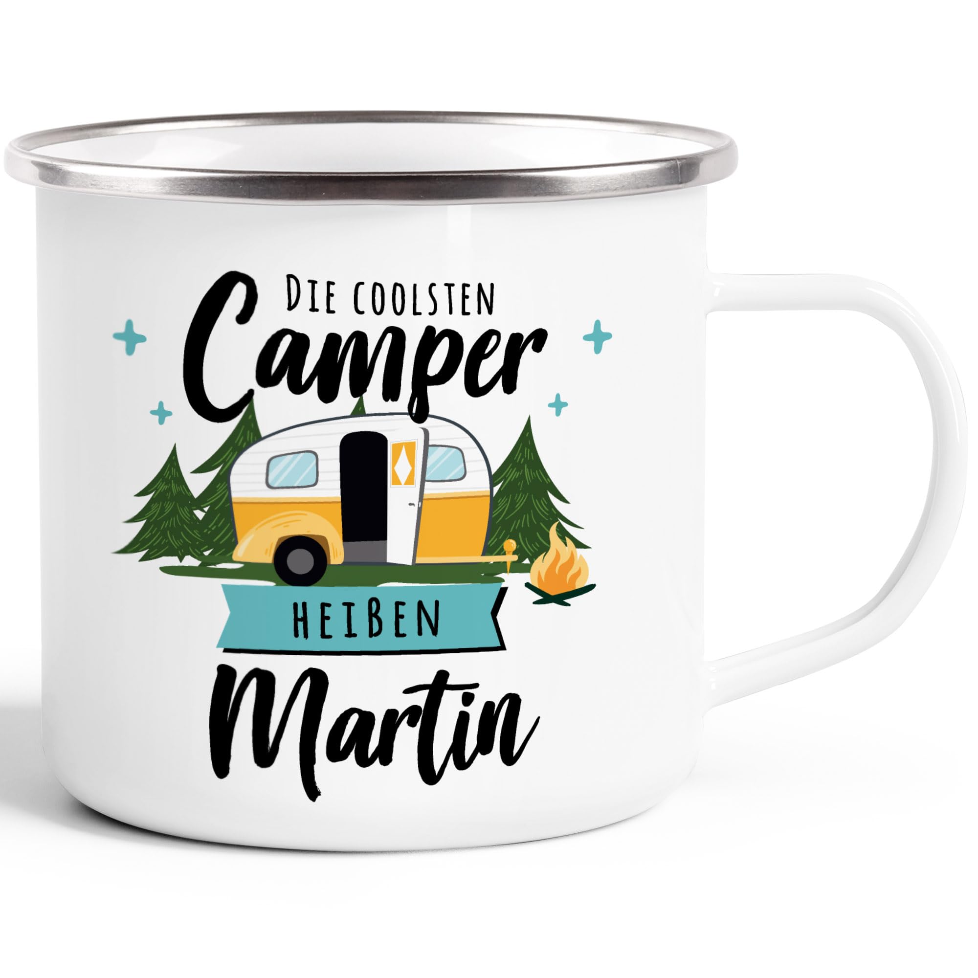SpecialMe® Emaille-Tasse Camping Wohnmobil personalisiert mit Namen persönliche Geschenke für Camper Weiss-metall Emailletasse