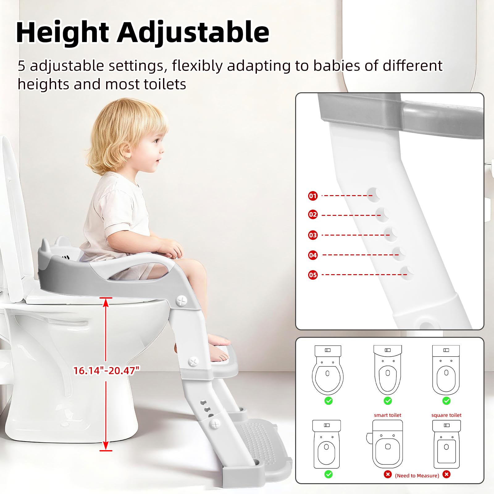 Sedile per vasino, per bambini, ragazzi e ragazze, 3 in 1, per imparare a usare il vasino, con scaletta, antiscivolo, pieghevole (grigio + bianco)