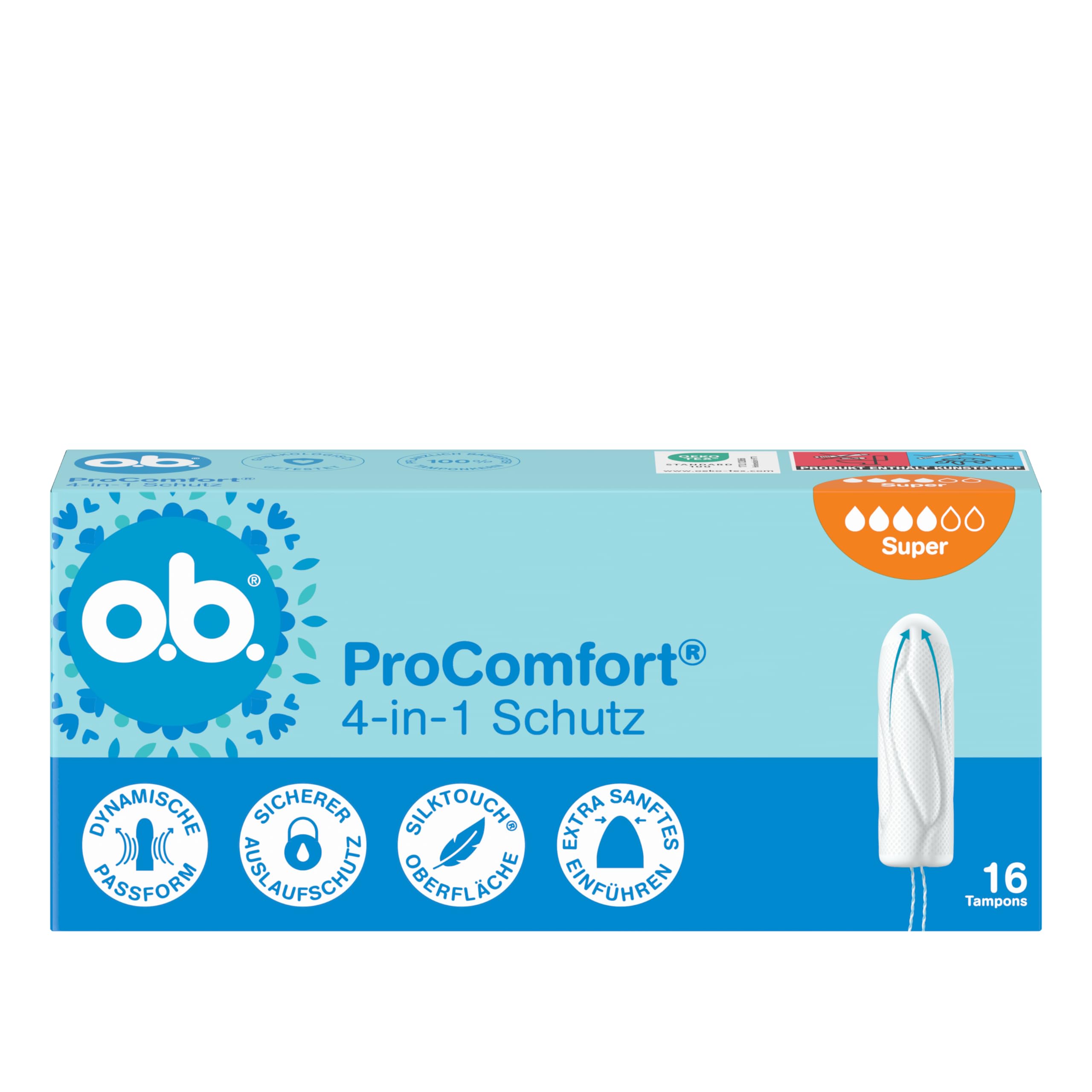 o.b. ProComfort - Tampones de protección 4 en 1 (6 x 16 unidades) con punta extra suave para una fácil inserción y hasta 100% protección contra fugas, ideal para deportes y uso diario