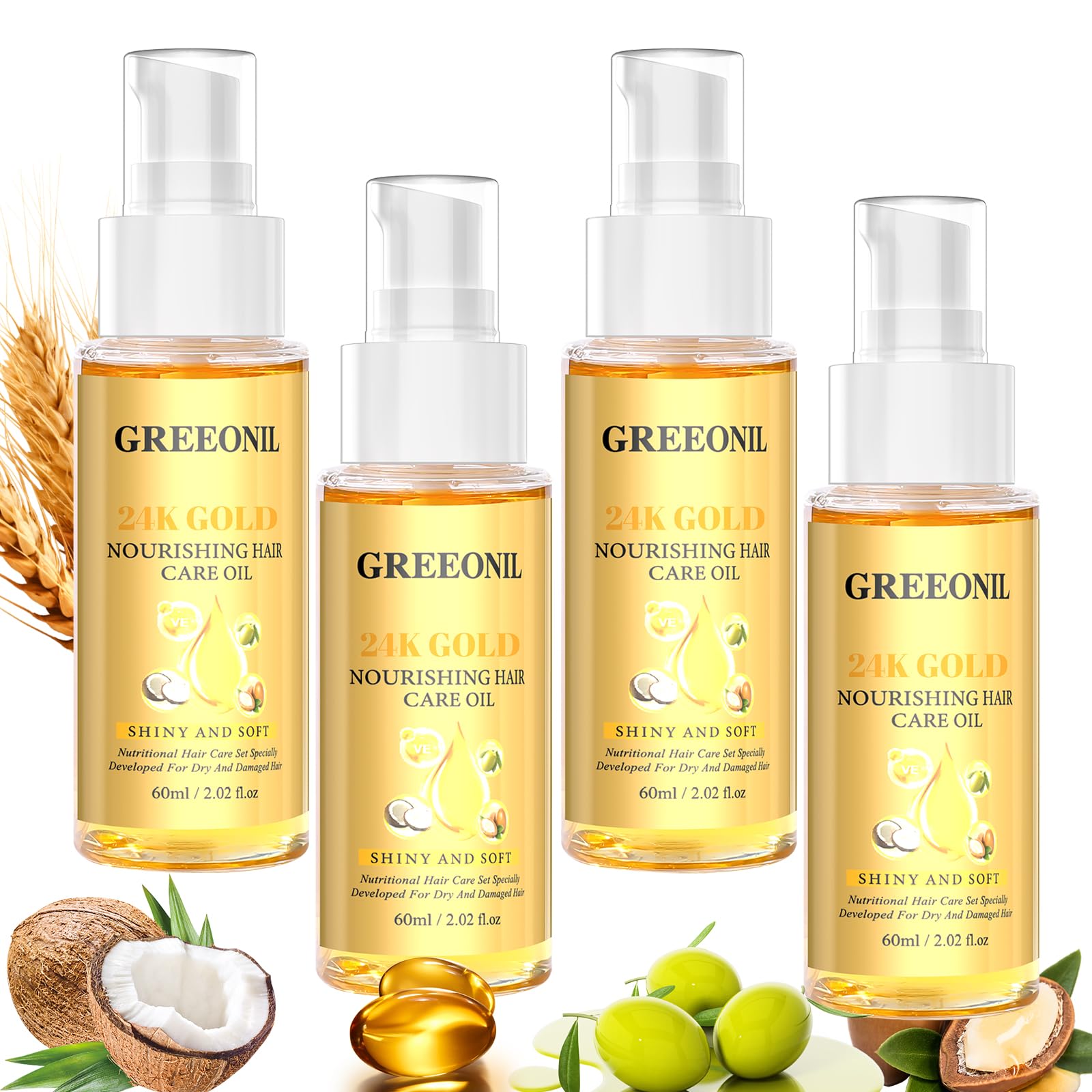 Argan, Coconut, and Olive Oil Nourishing Hair Treatment with Vitamin E for Frizz Control, Add Shine,Nourishing Hair Oil for Split Ends Hair Treatment, 4 Pack