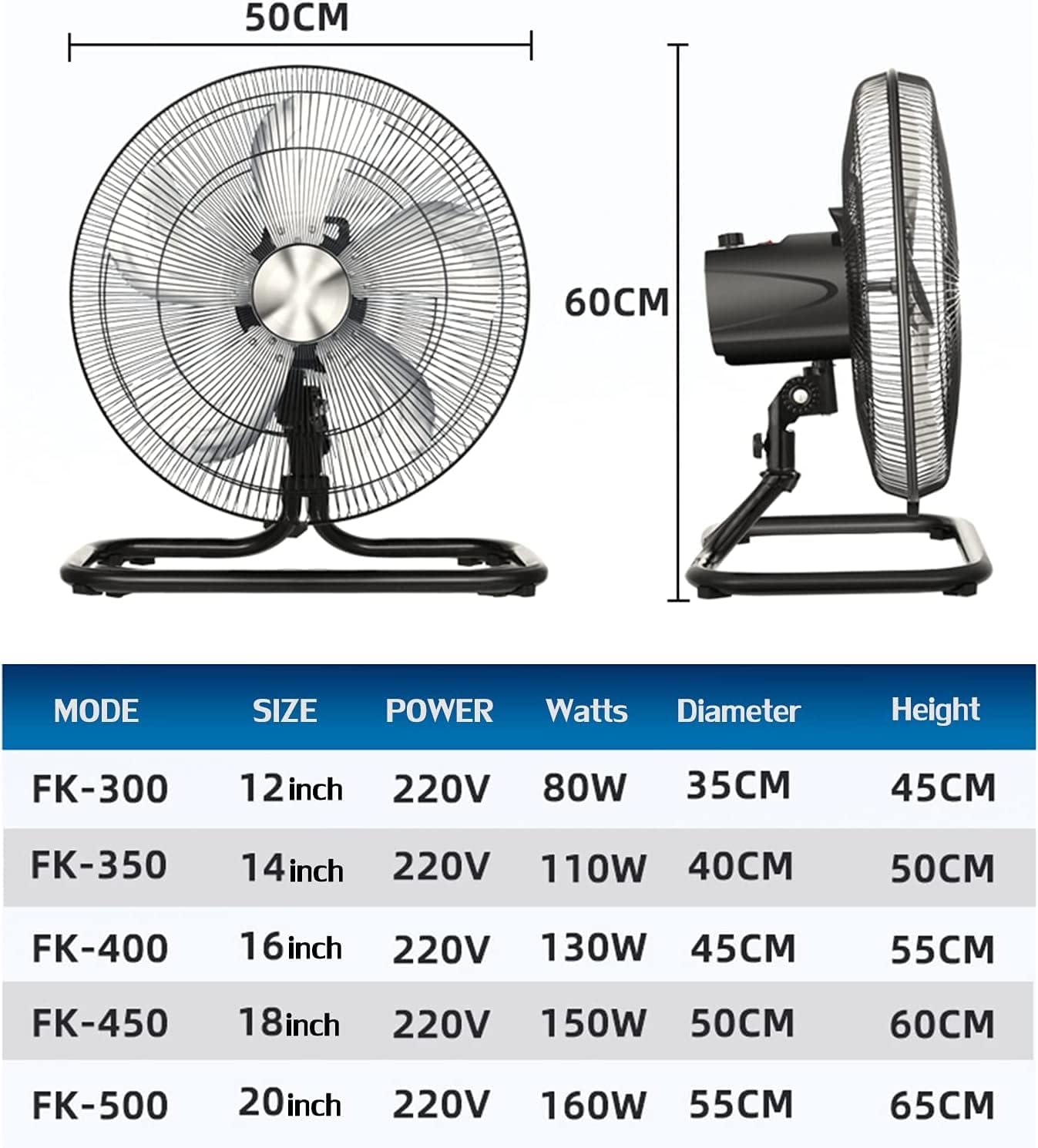Table Fan, Floor Fan, Standing Fan, Oscillating Cooling for Bedroom, Gym, Garage, Warehouse, Workshop and industrial, Silver-40cm(16inch)