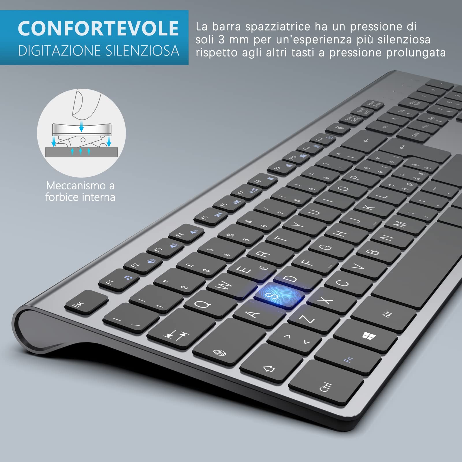 JOYACCESS Tastiera e Mouse Wireless,Full Size Compatto Costruito in 500mA Ricaricabile Batteria,2,4 GHz Silenzioso Ergonomico per PC,Laptop-Grigio Nero
