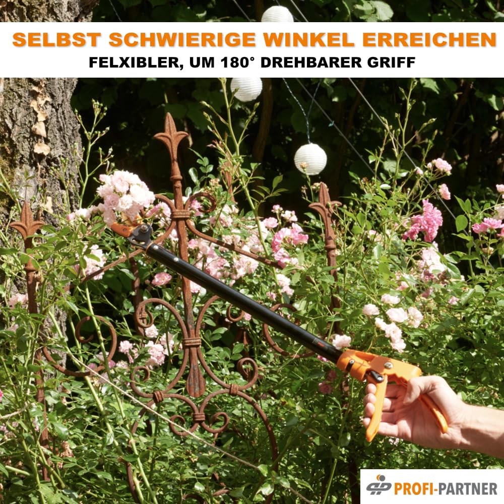 Langstiel Gartenschere, Astschere mit drehbarem Griff und Haltefunktion, Baumschere mit Titanium-Klinge, 65 cm lang