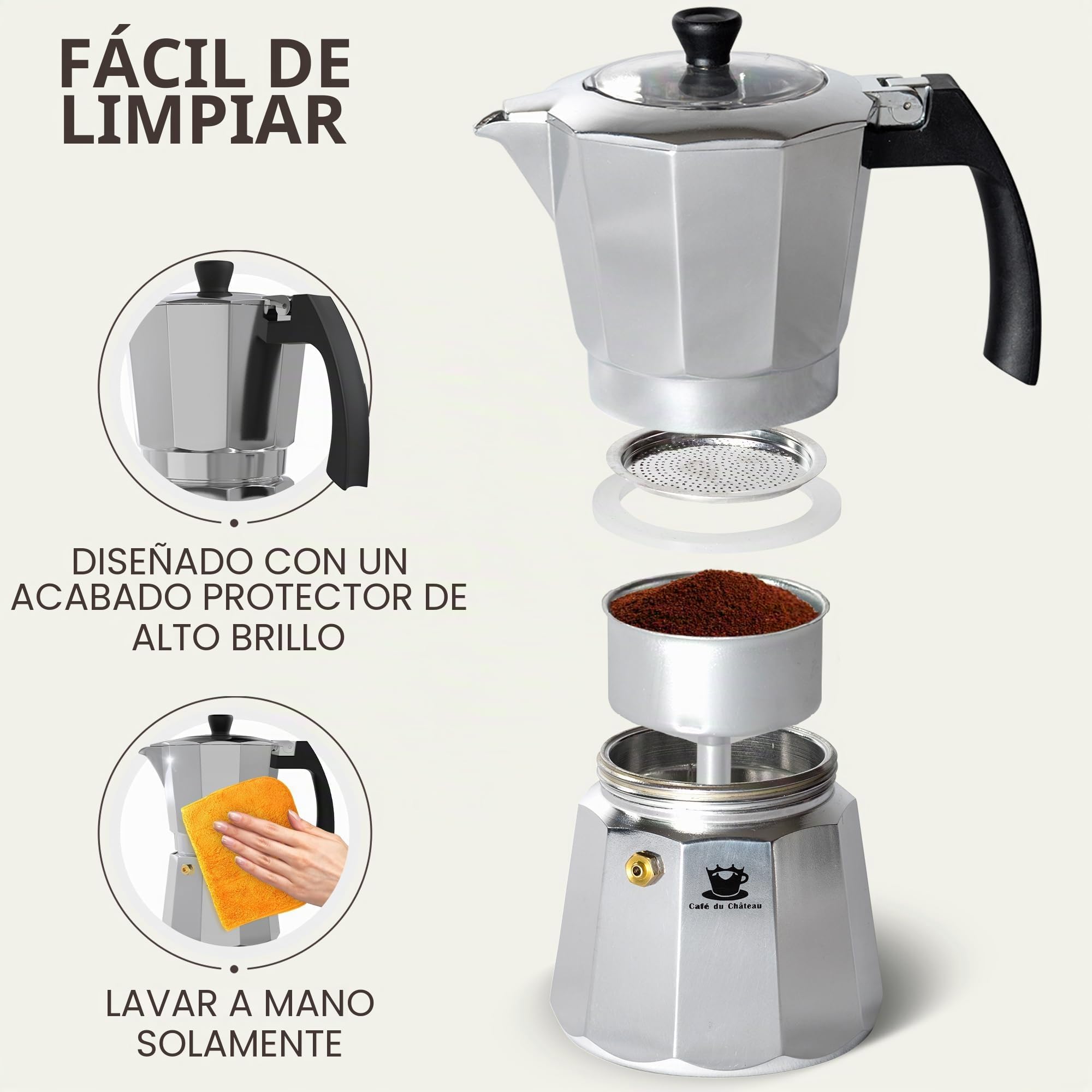 Cafe Du Chateau Cafetera Italiana Induccion de café con tapa transparente, acabado brillante, cuchara de café, 6 tazas y máquina de moca para capuchino, latte
