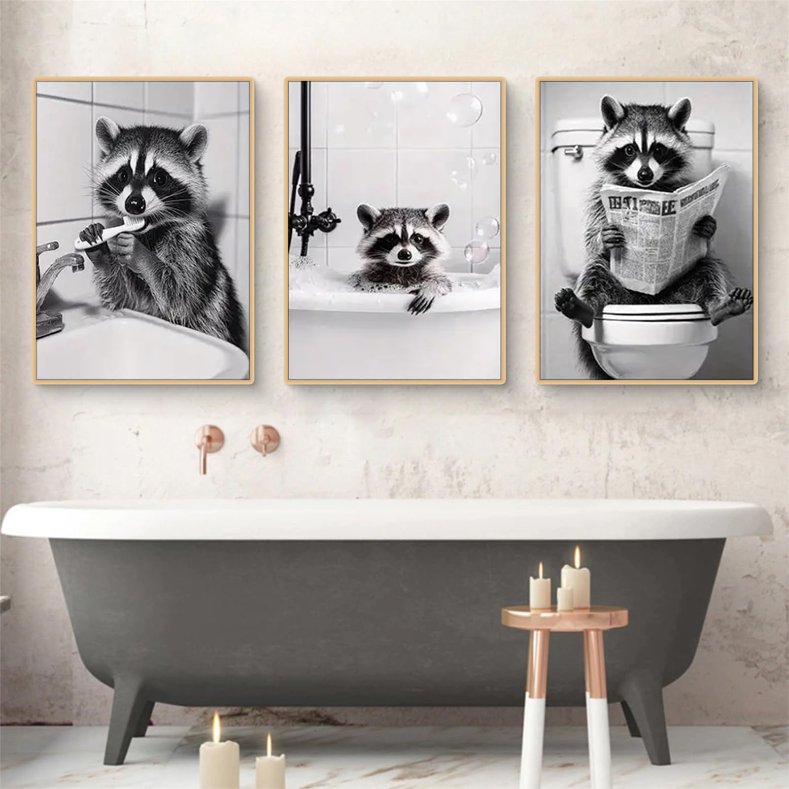 Uixxducc 3er Schwarz-Weiß Raccoon Badezimmer Dekor Bilder Set, Minimalist Tiere in der Badewanne Poster Set, Lustige Waschbär Wandbilder Wohnzimmer Bad Wanddekoration, Ohne Rahmen (40x50cm,B)